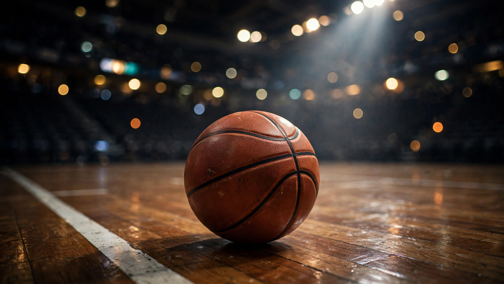 A basketball rests on a polished hardwood court under arena lights.