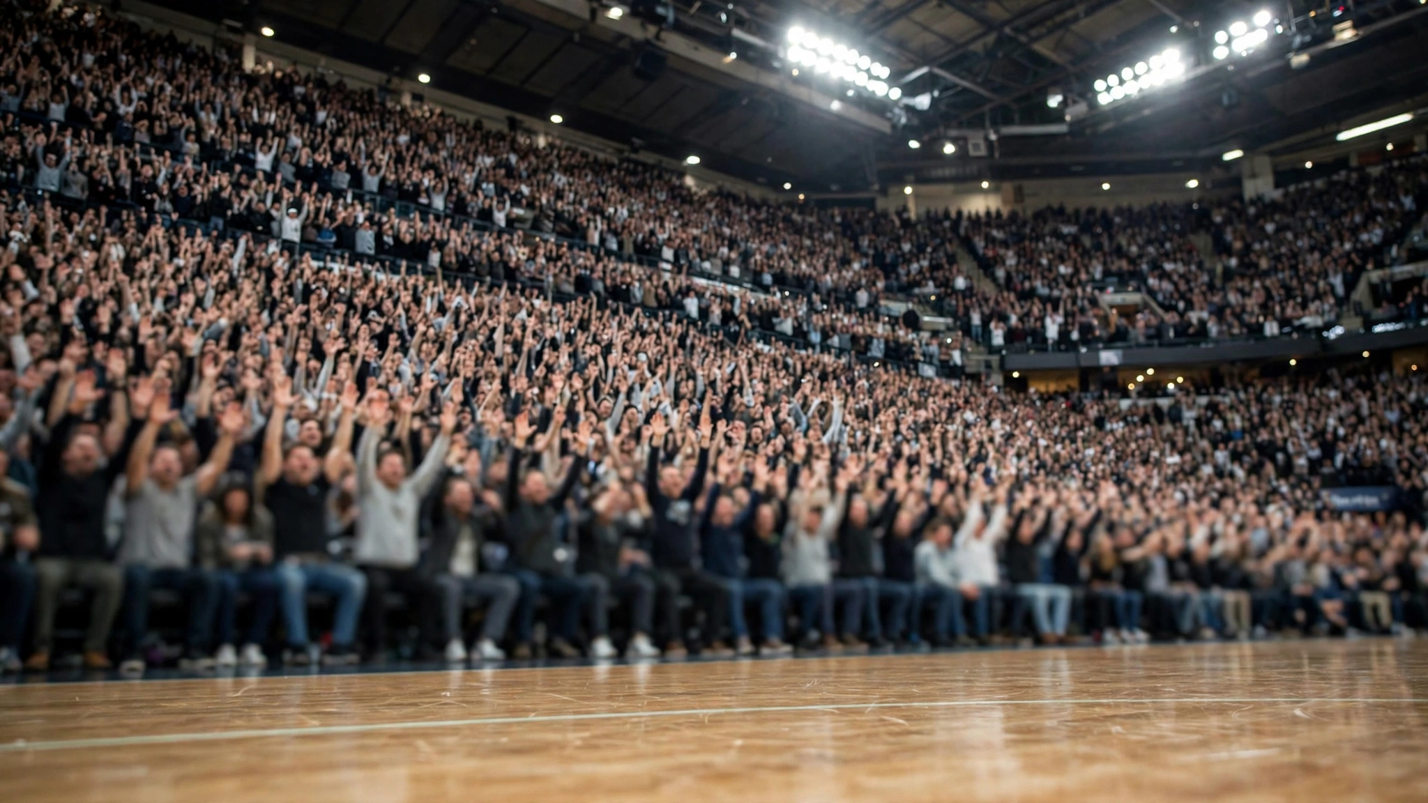 A sold-out arena crowd watches from the stands during a basketball game.