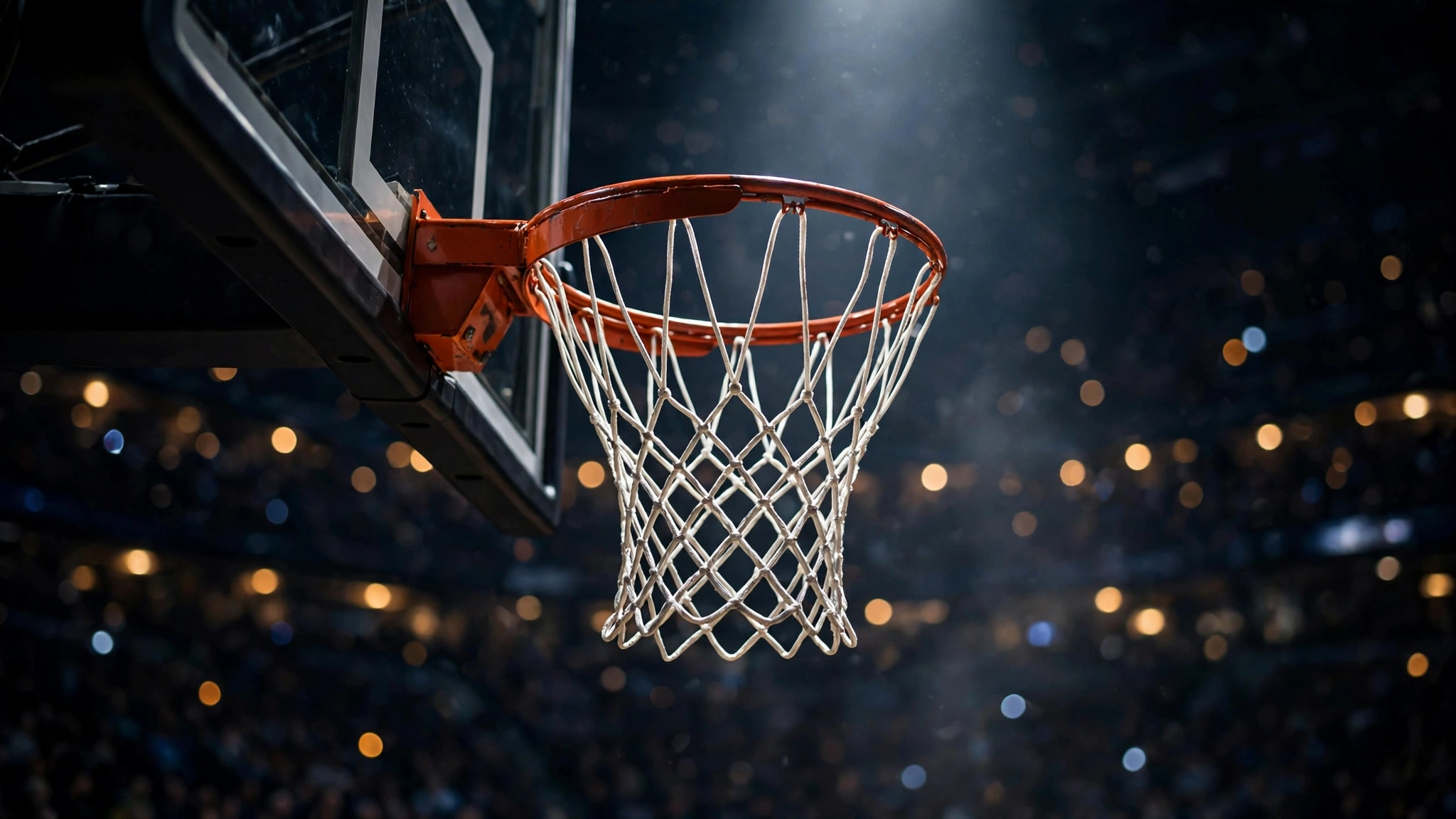 A basketball hoop and net lit against a dark arena crowd.