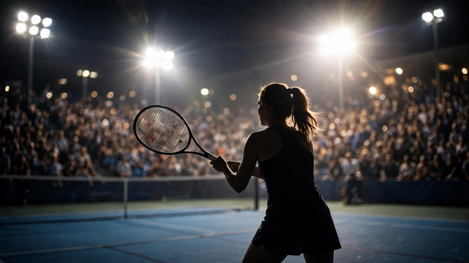 A tennis player seen from behind hitting a forehand on a hard court under stadium floodlights at night