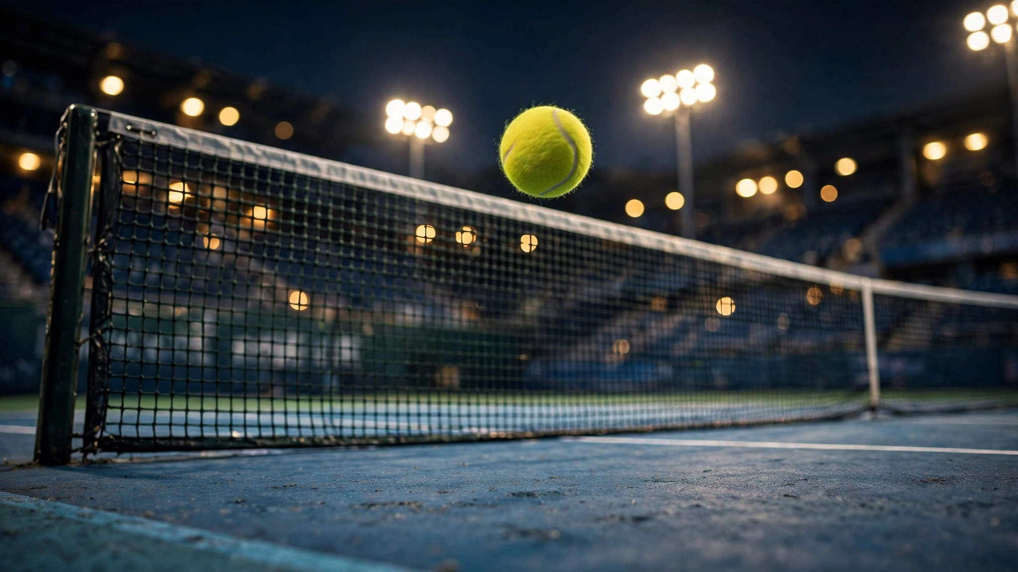 A yellow tennis ball flying over the net on a floodlit hard court at night