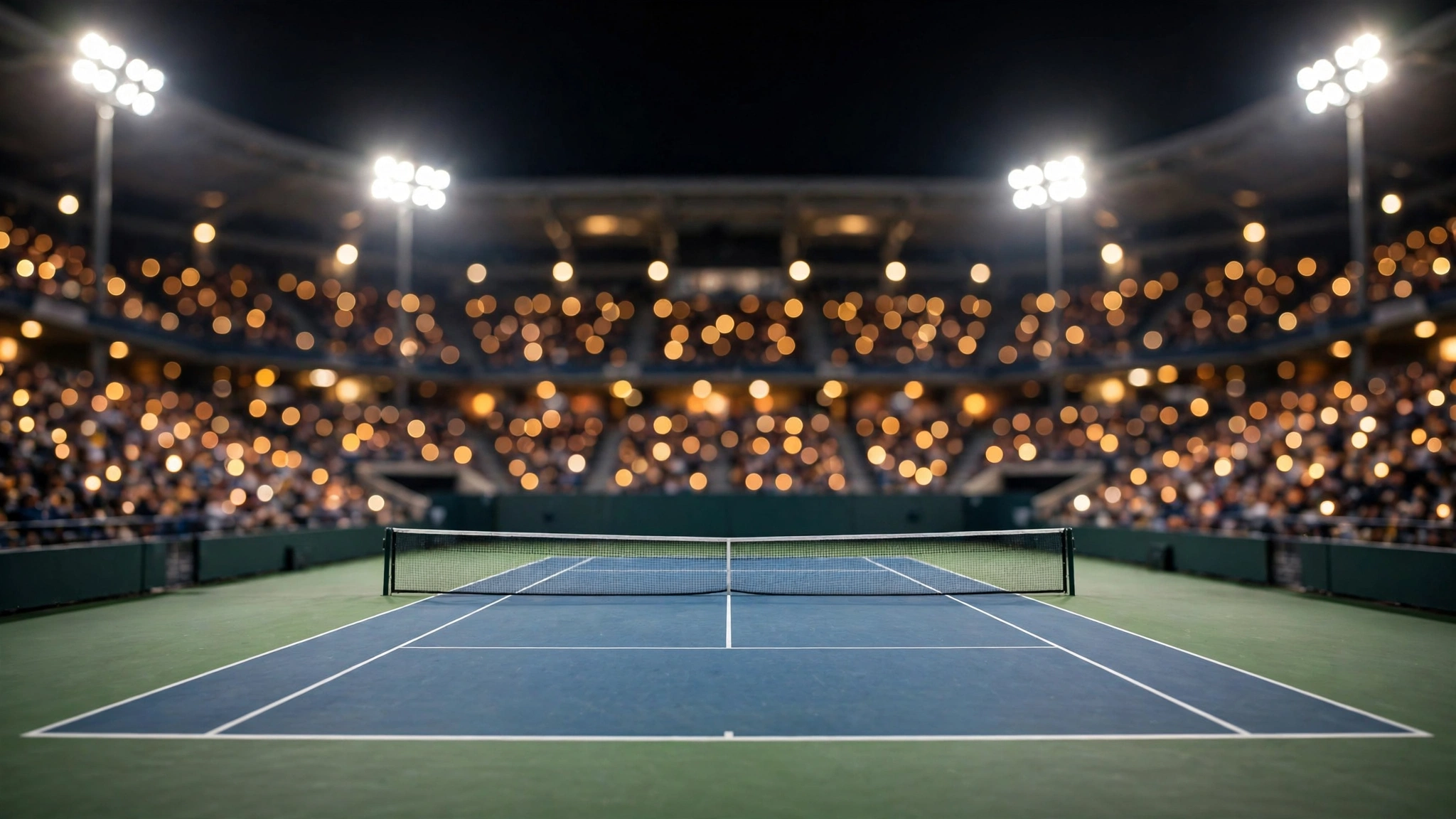 An empty hard court at night with floodlights blazing over a packed, blurred crowd
