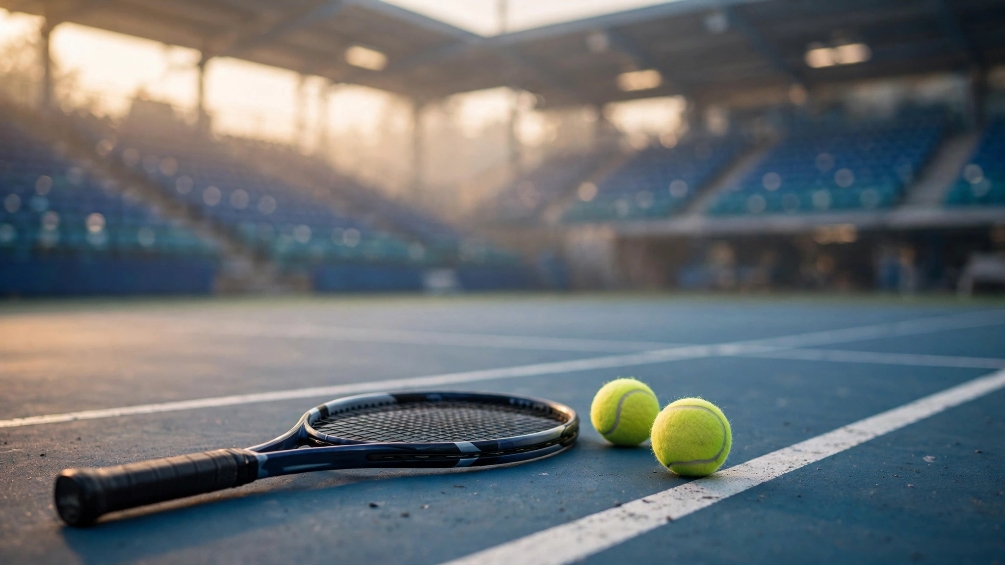 A tennis racket and two tennis balls resting on a hard court at dawn