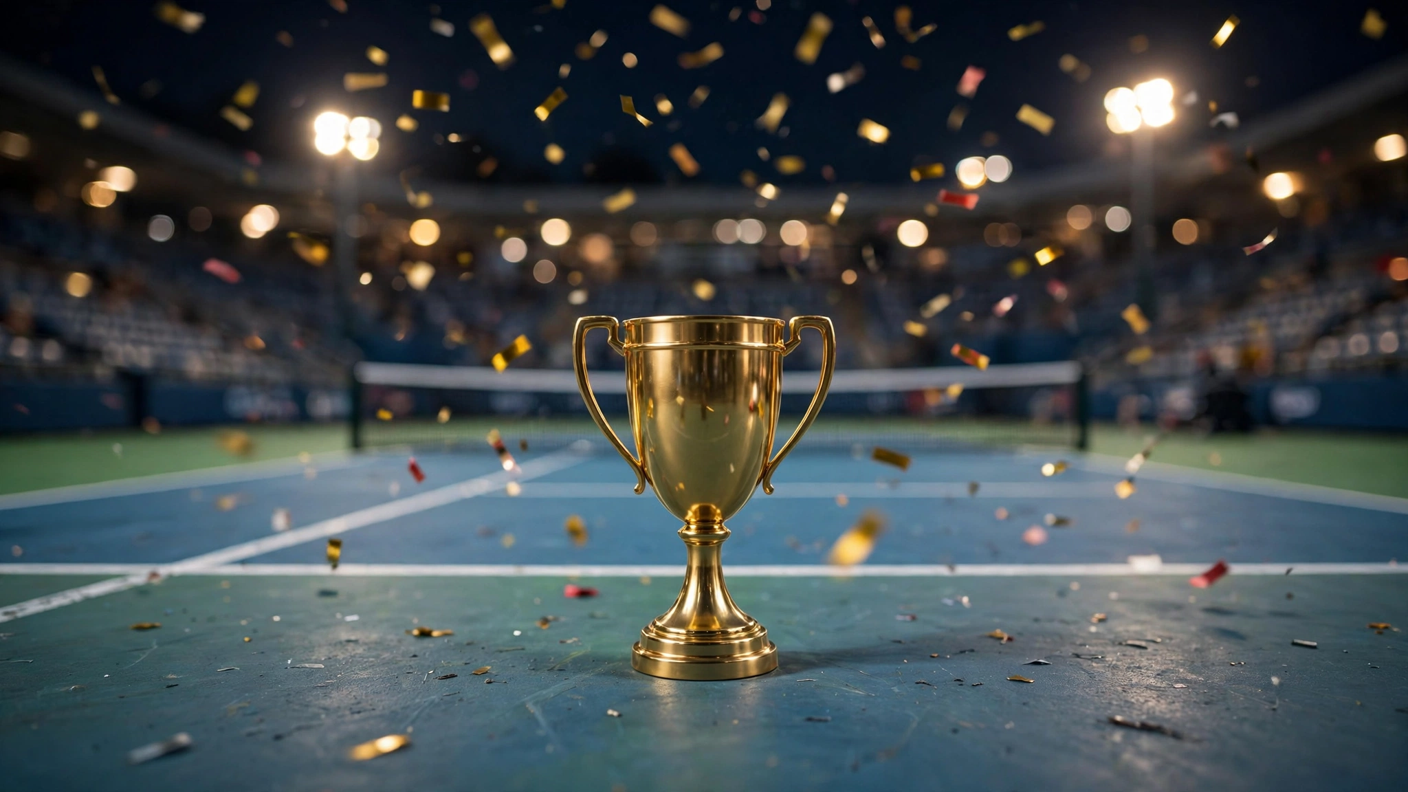 A golden trophy standing on a tennis court with confetti falling