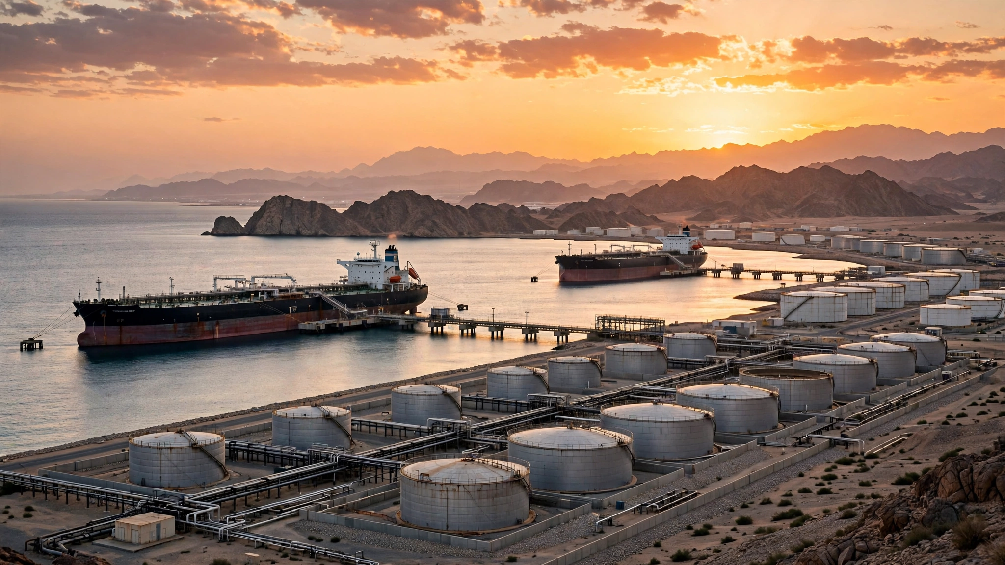 Oil tankers and storage tanks at a Red Sea oil export port at sunset.