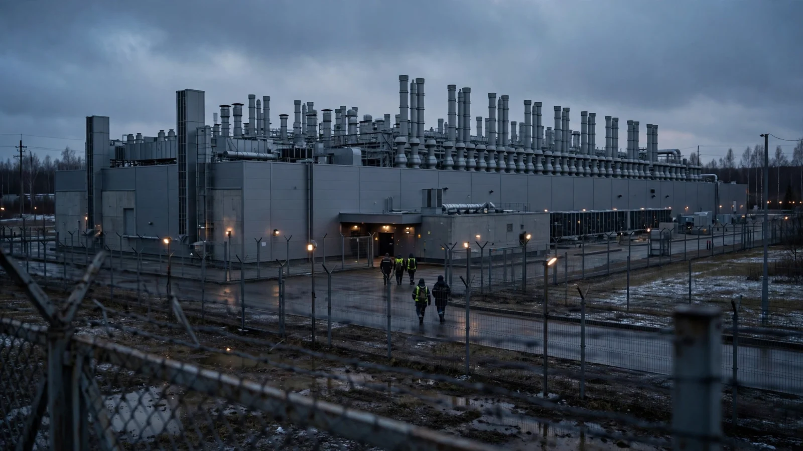 Exterior of a large industrial data centre building with ventilation towers at dusk, workers walking toward an entrance behind security fencing