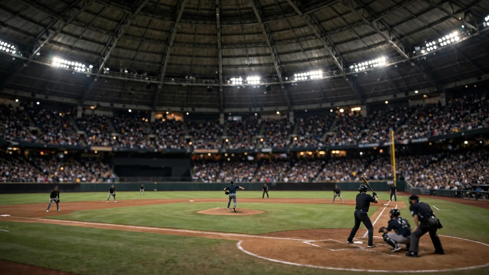 A night baseball game inside a domed stadium, with a pitcher on the mound, a batter at home plate and a crowd in the stands