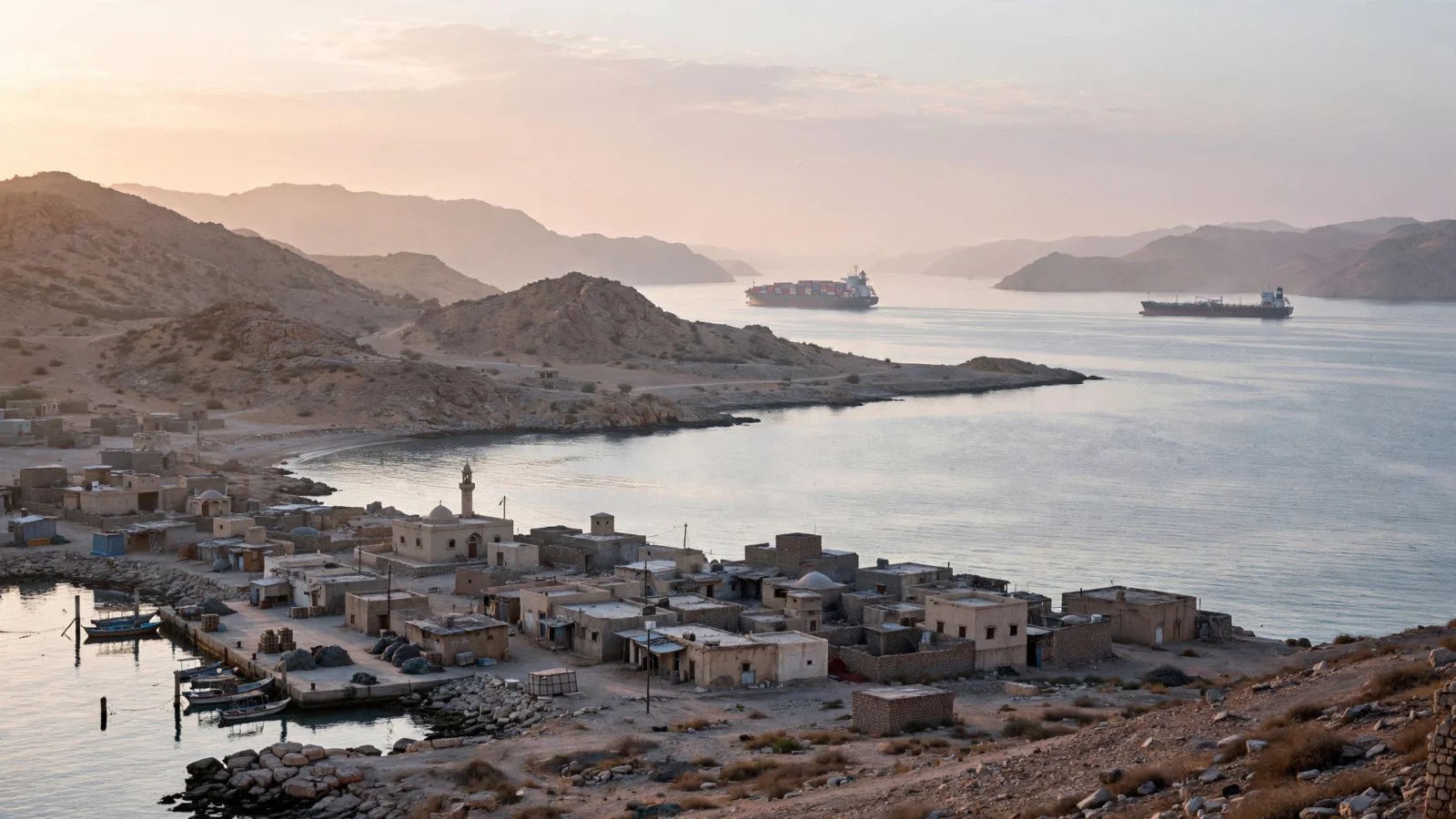 A coastal town beside a calm Red Sea strait at dawn, with a container ship and a tanker passing between arid hills.