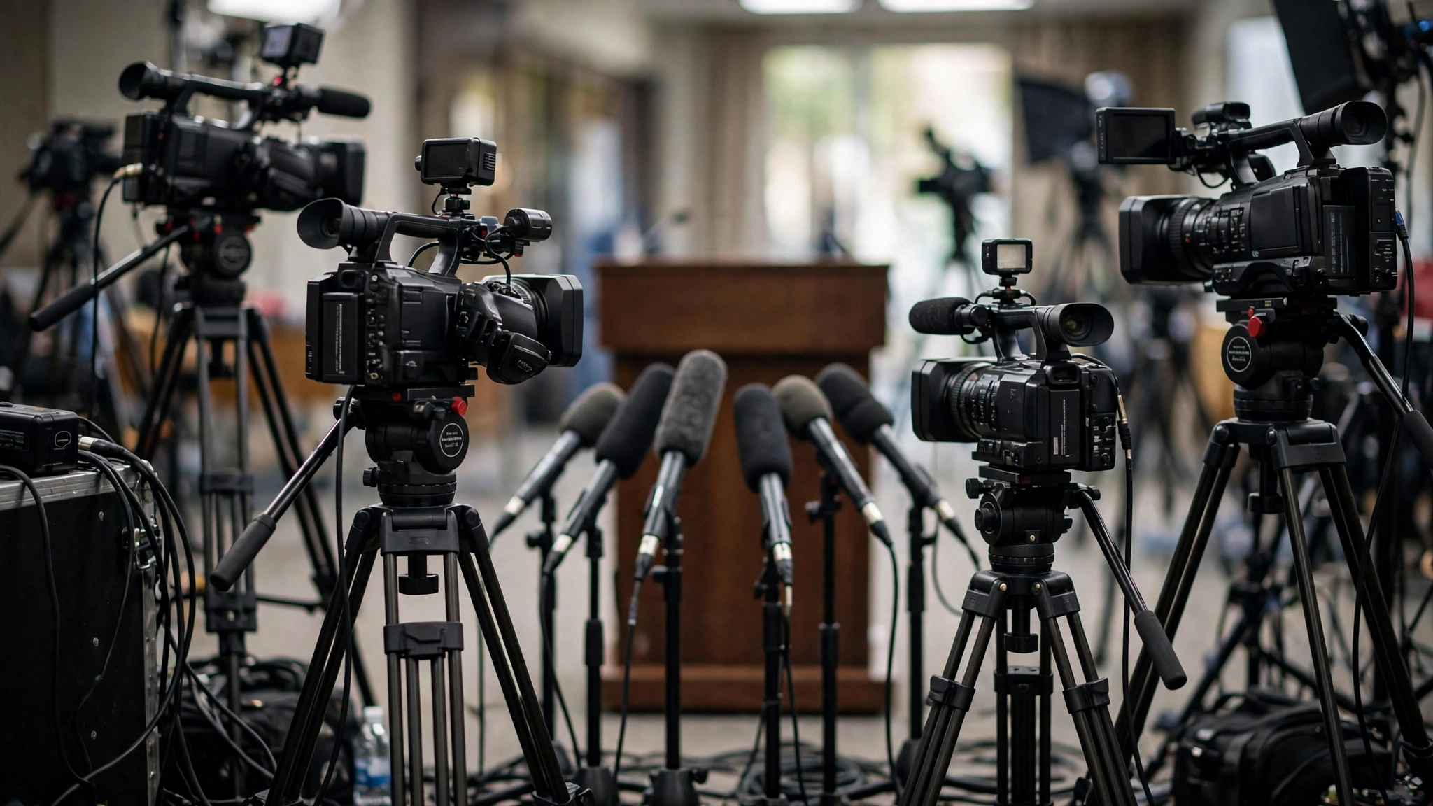 Television cameras on tripods and microphones aimed at a briefing room podium