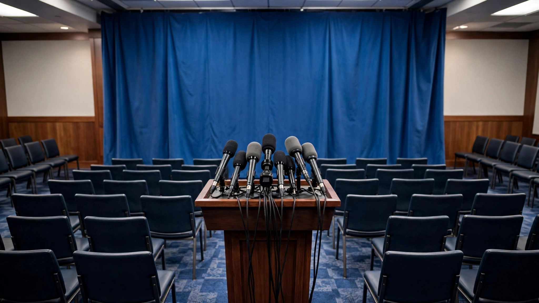 An empty wooden podium with microphones in a briefing room with a blue backdrop and rows of empty chairs