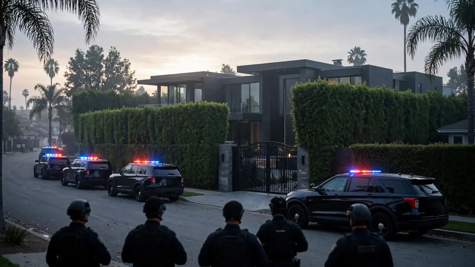 Law enforcement vehicles with flashing lights parked outside a large suburban home before dawn