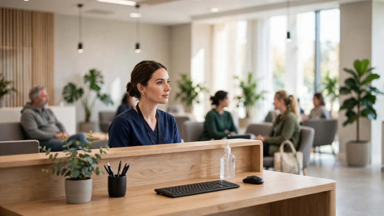 A staff member sits at a wooden reception desk in a bright clinic waiting room with patients seated in the background