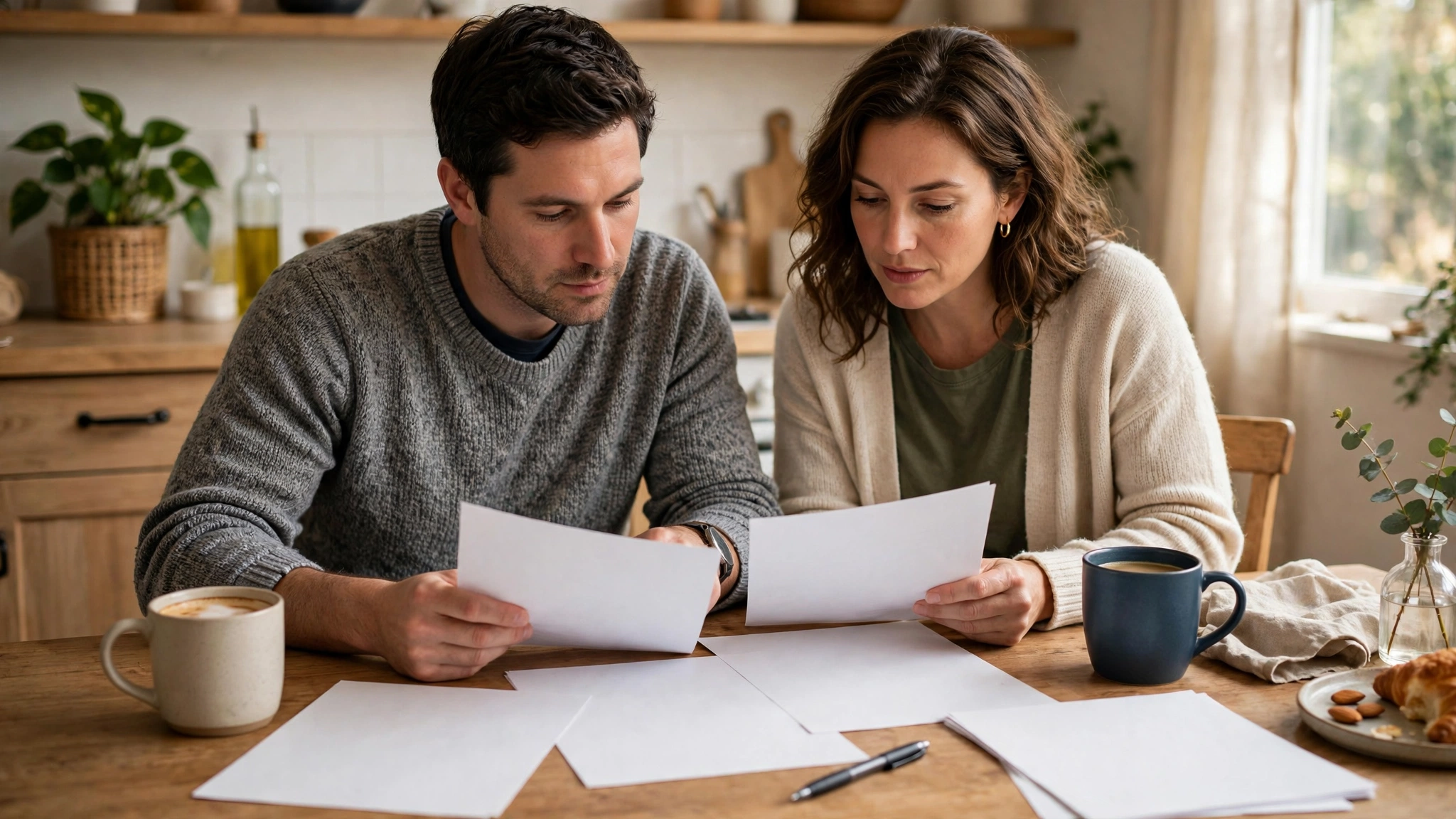 A couple reviews blank papers at a kitchen table with coffee cups nearby