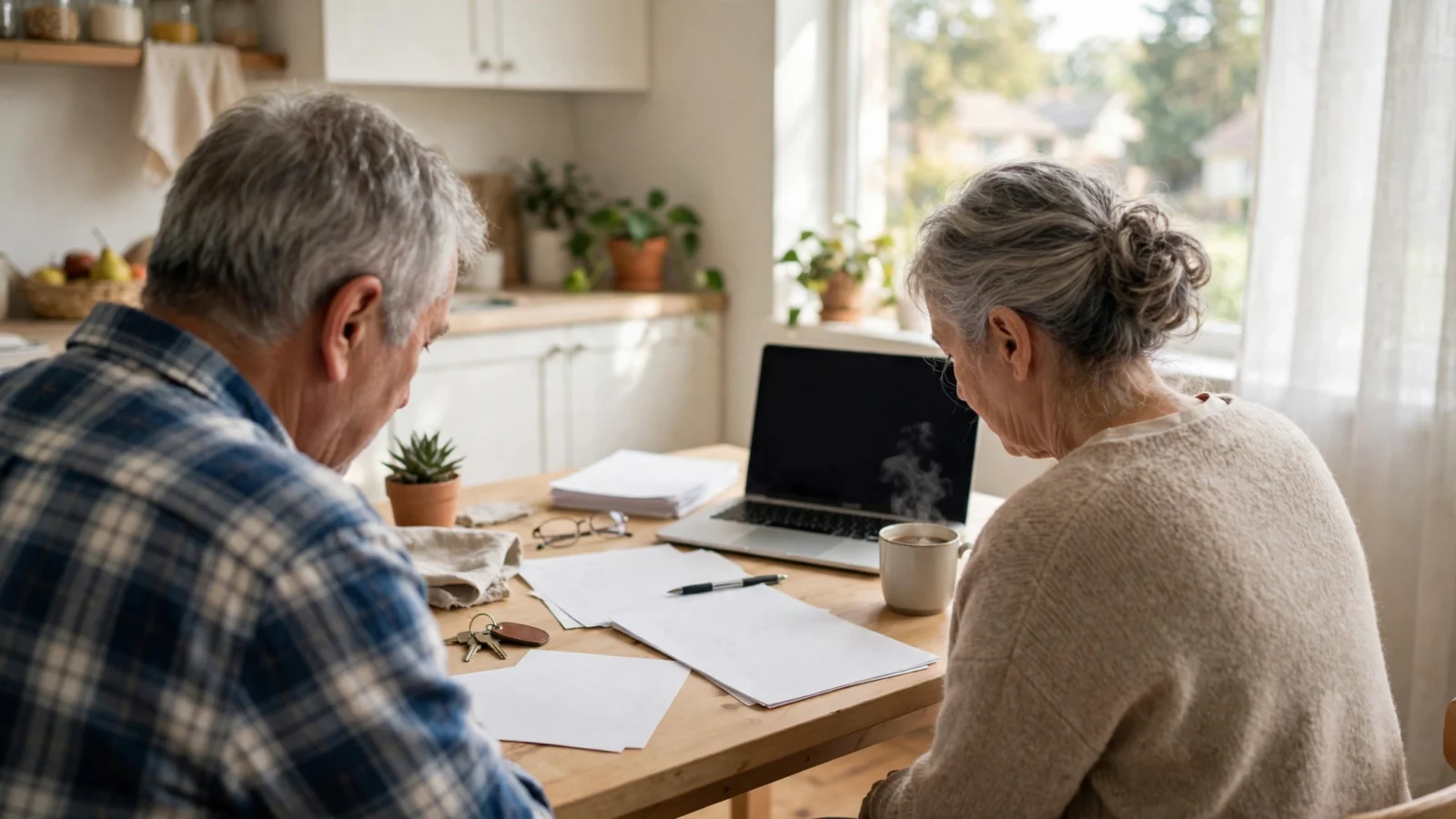 An elderly couple seen from behind reviews paperwork and a laptop at a kitchen table while comparing health plan options