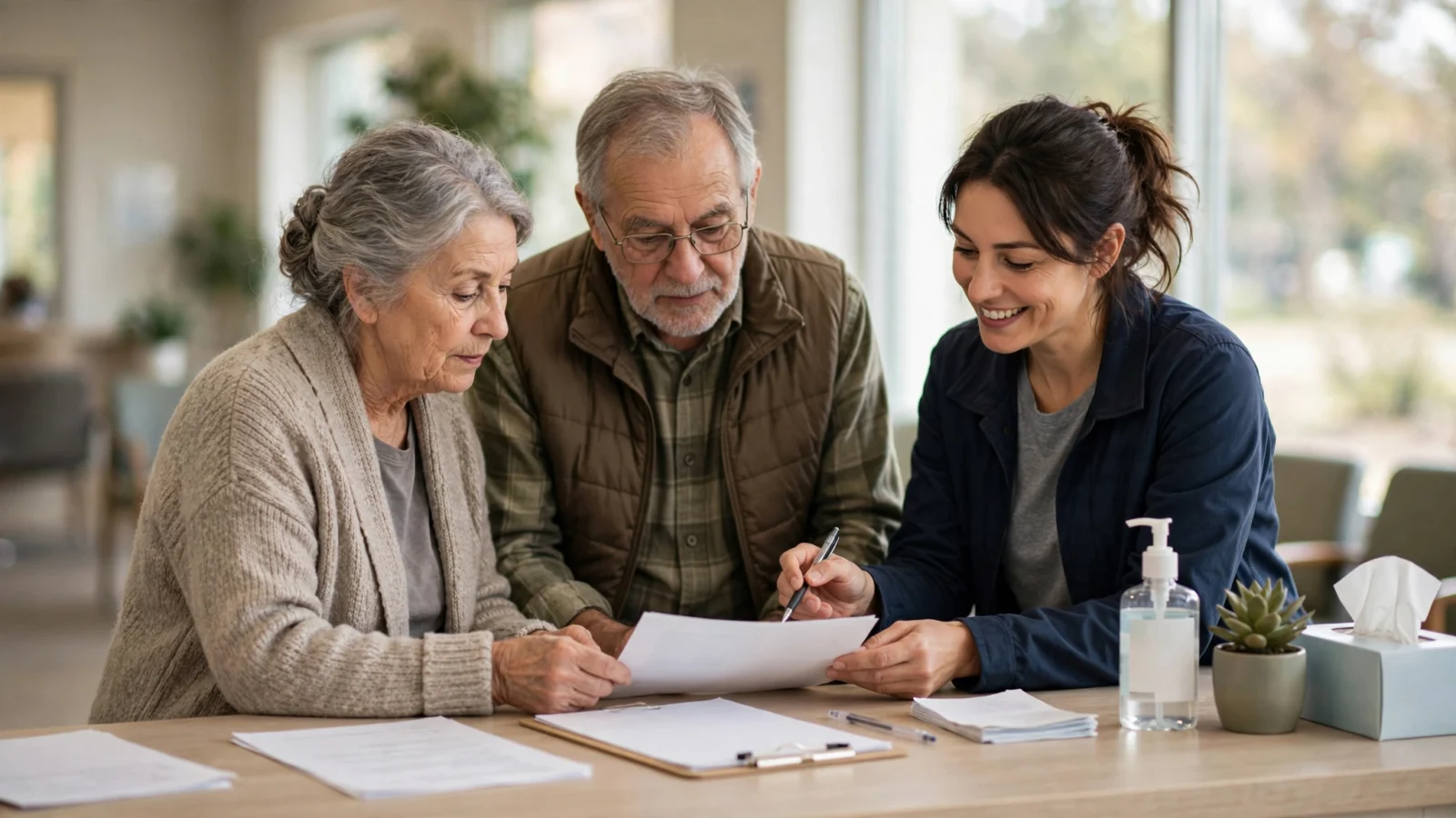 An elderly couple reviews health insurance paperwork with a clinic staff member at a reception desk