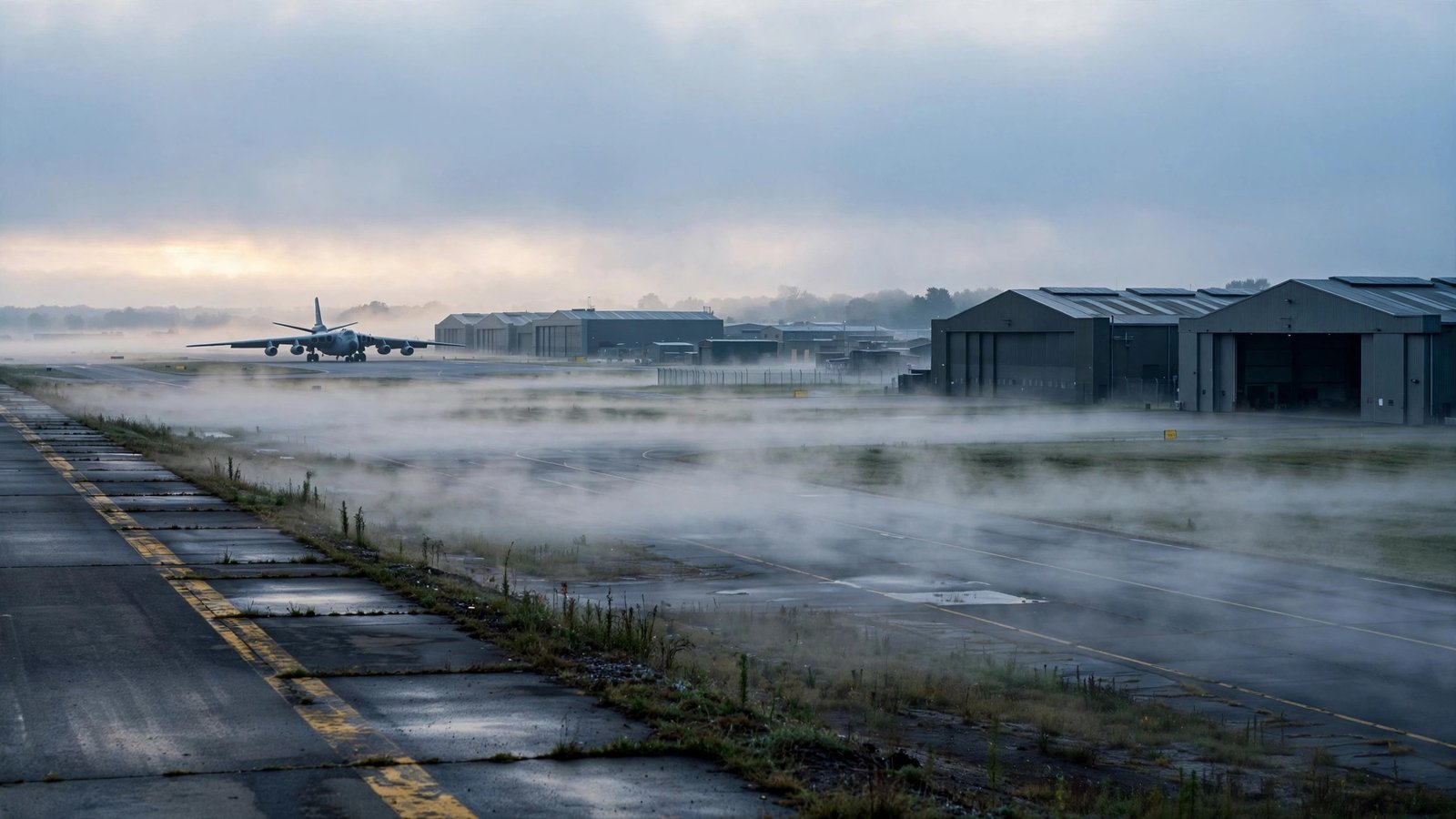 A large military aircraft on a misty airbase runway at dawn, with hangars in the background.