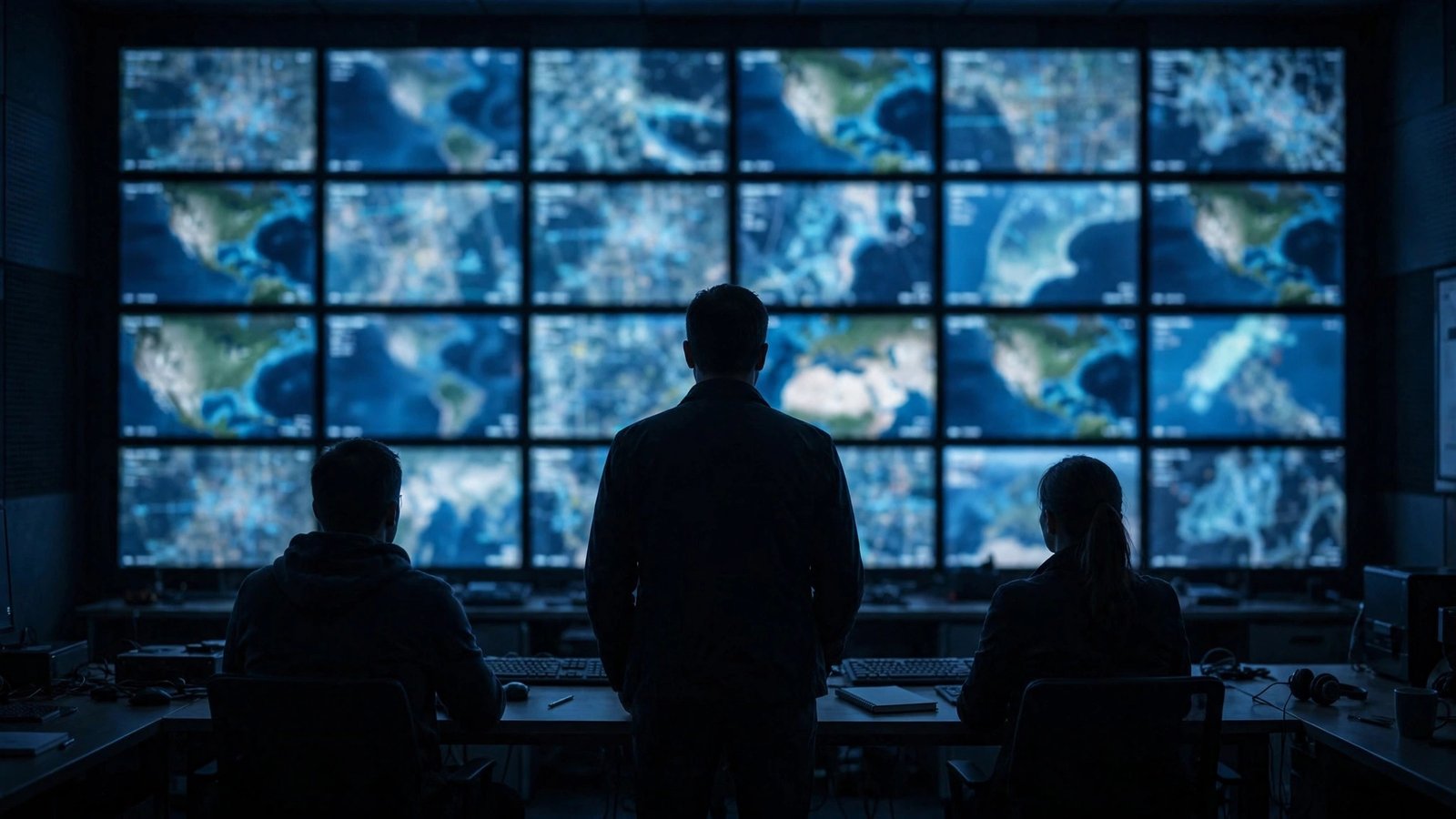 Silhouettes of three analysts in front of a wall of monitors showing maps in a dim operations center.