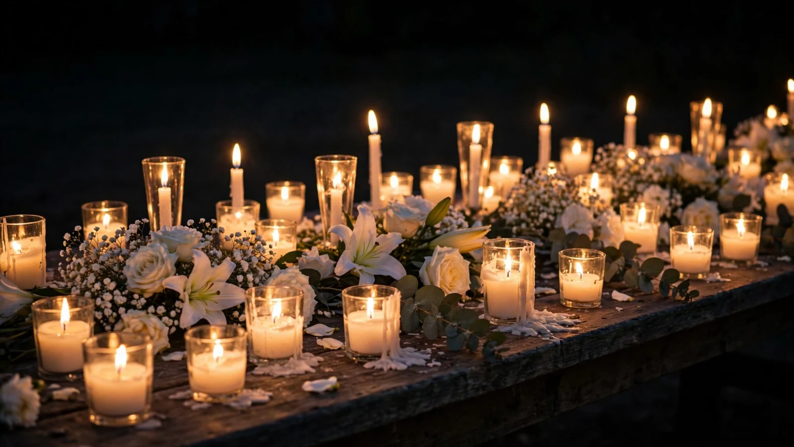 Lit candles and white flowers arranged on a table at an evening vigil.