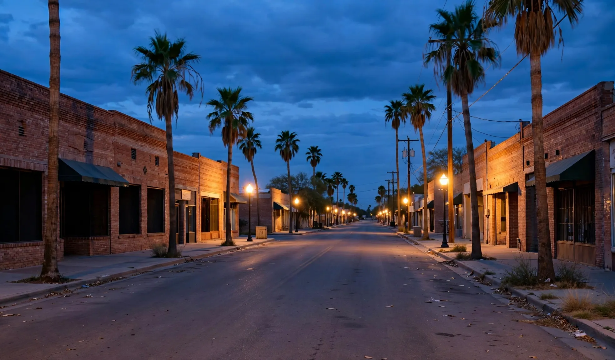 A quiet main street in a small South Texas town at dusk.