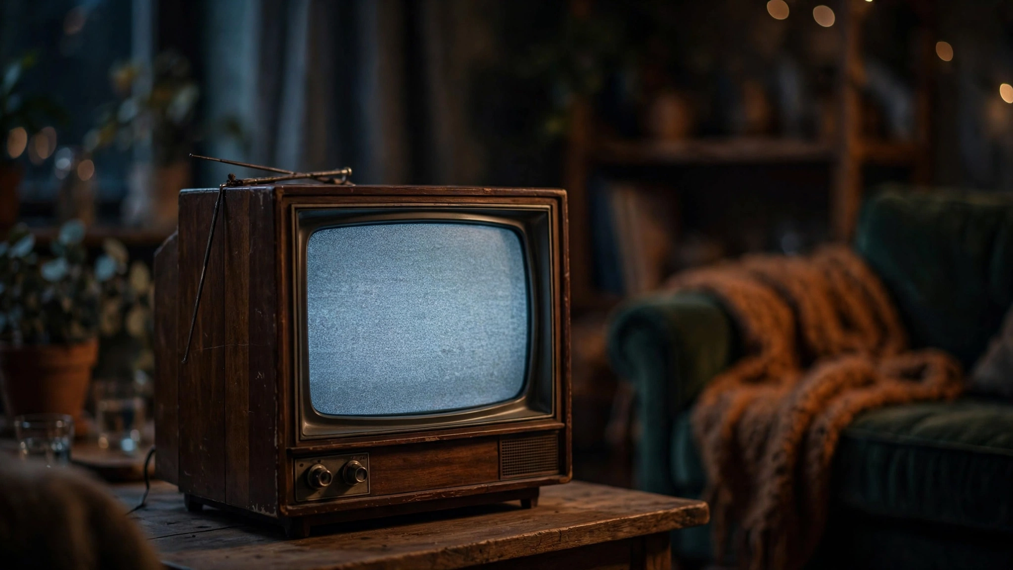 A vintage television set glowing in a dark living room.