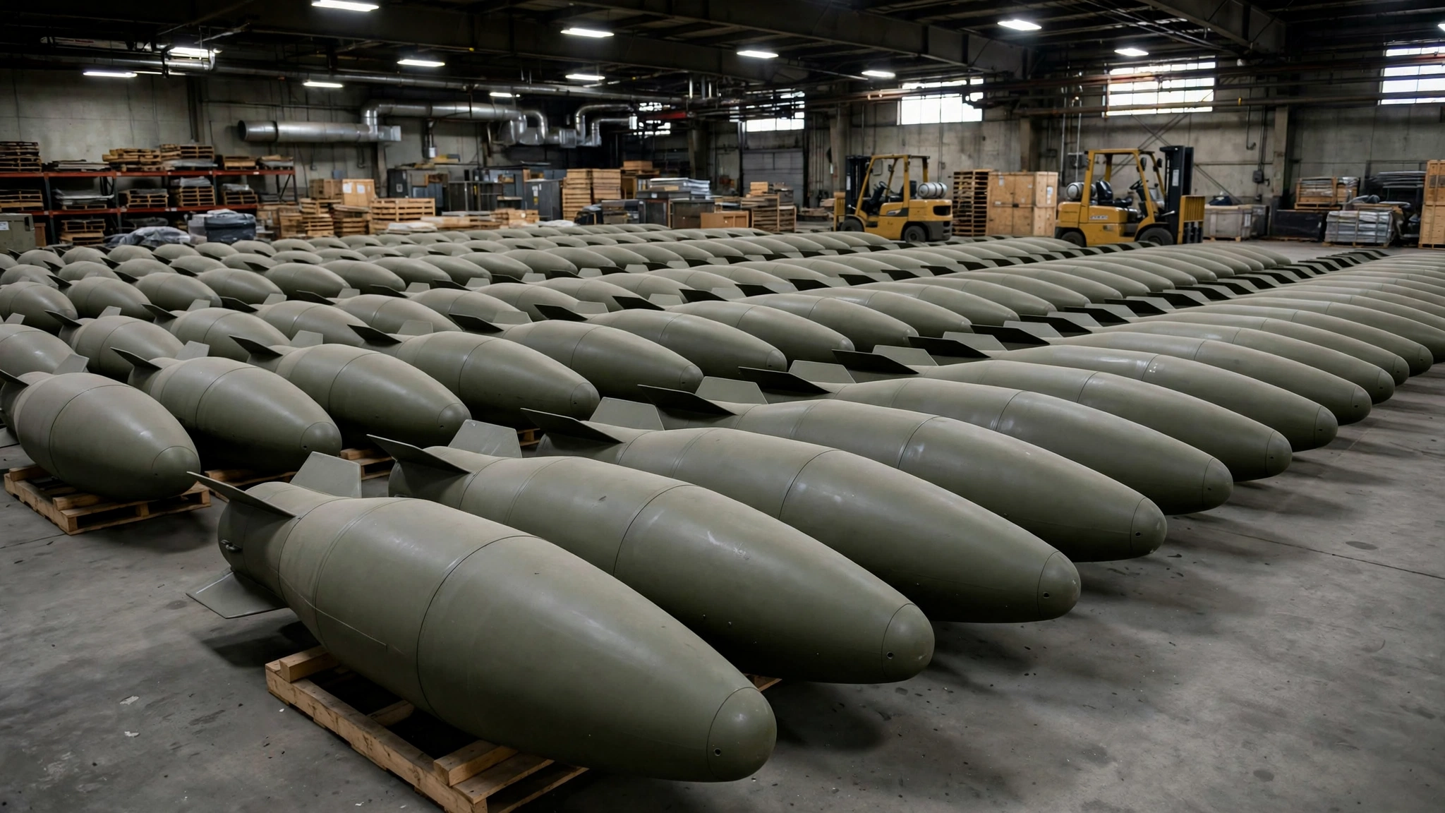 Rows of large bombs stored inside a military warehouse