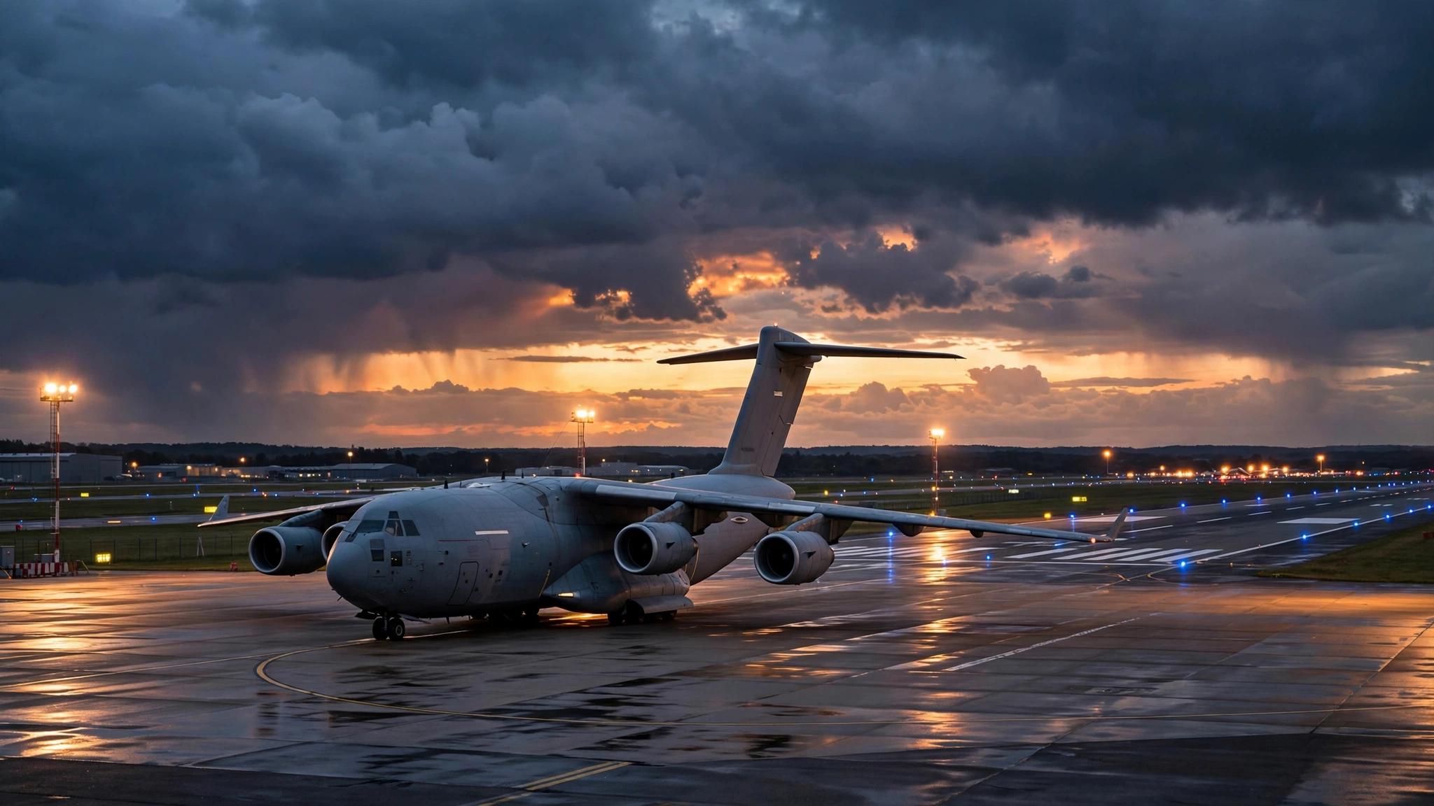 A large military transport aircraft parked on a runway at dusk