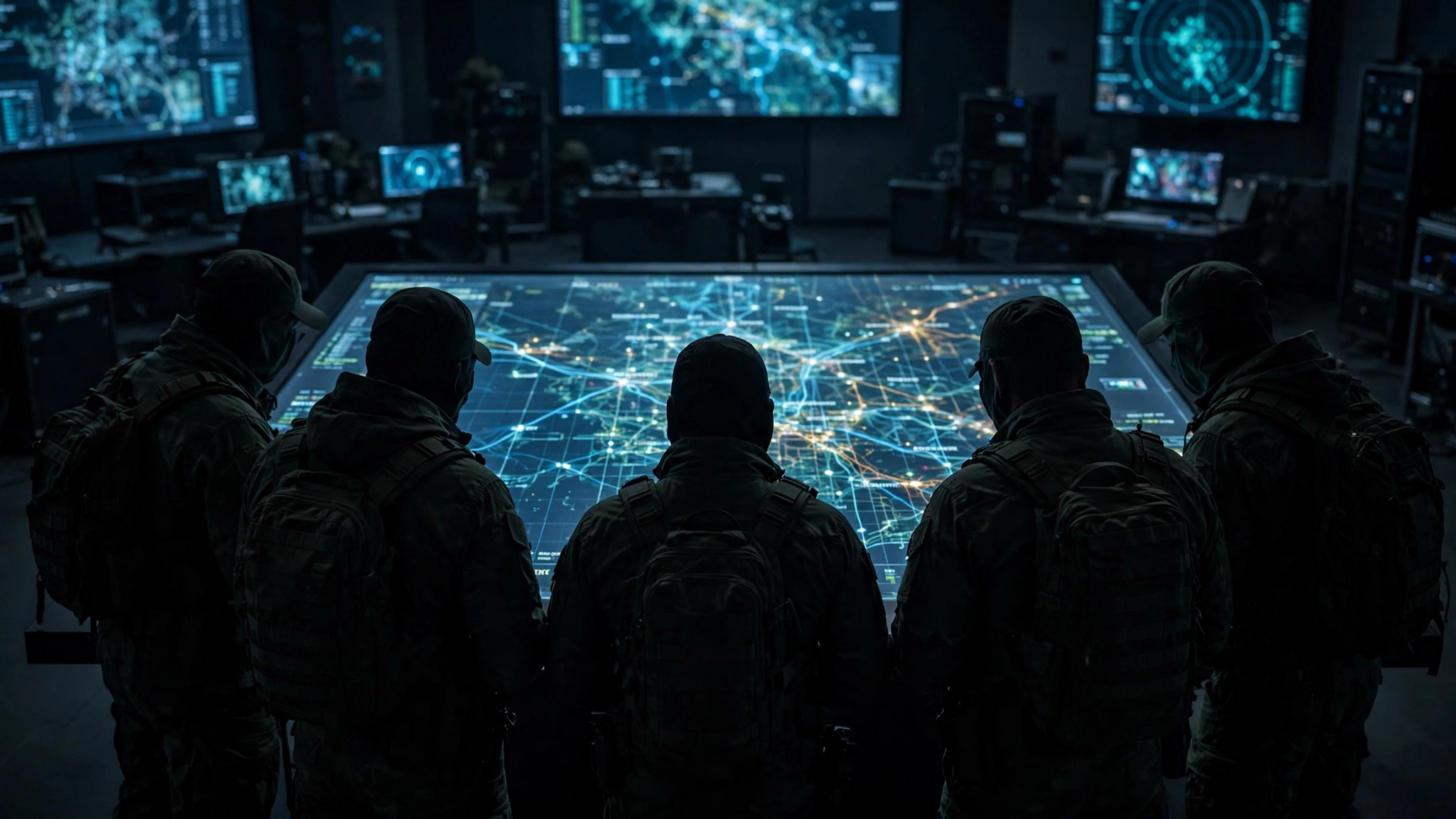 Silhouetted military officers around a map table in a command center