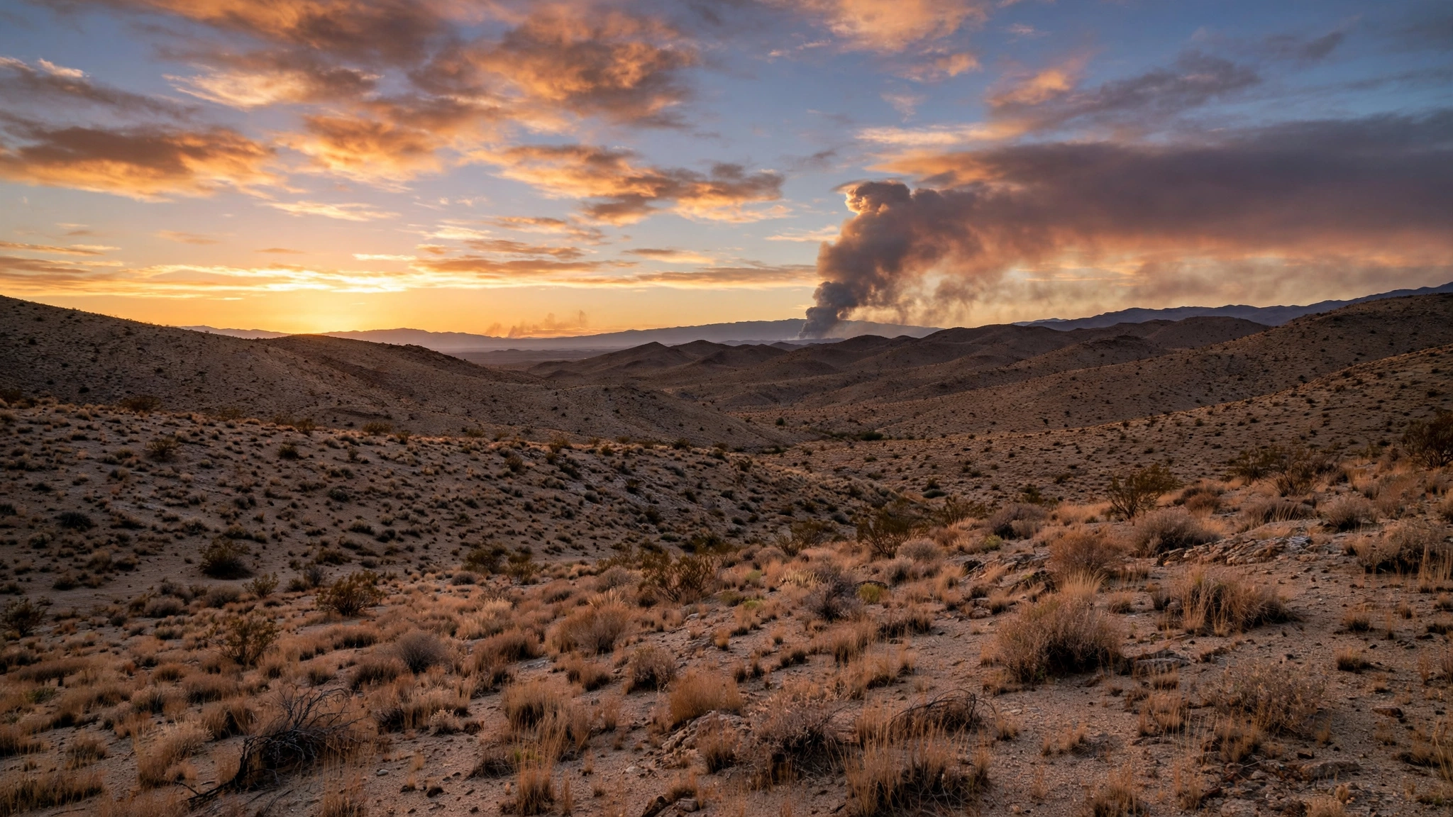 A distant plume of smoke rising over desert hills at sunset
