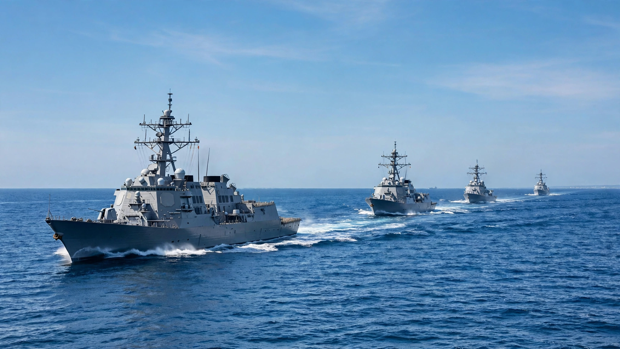 Naval warships sailing in formation on the open sea