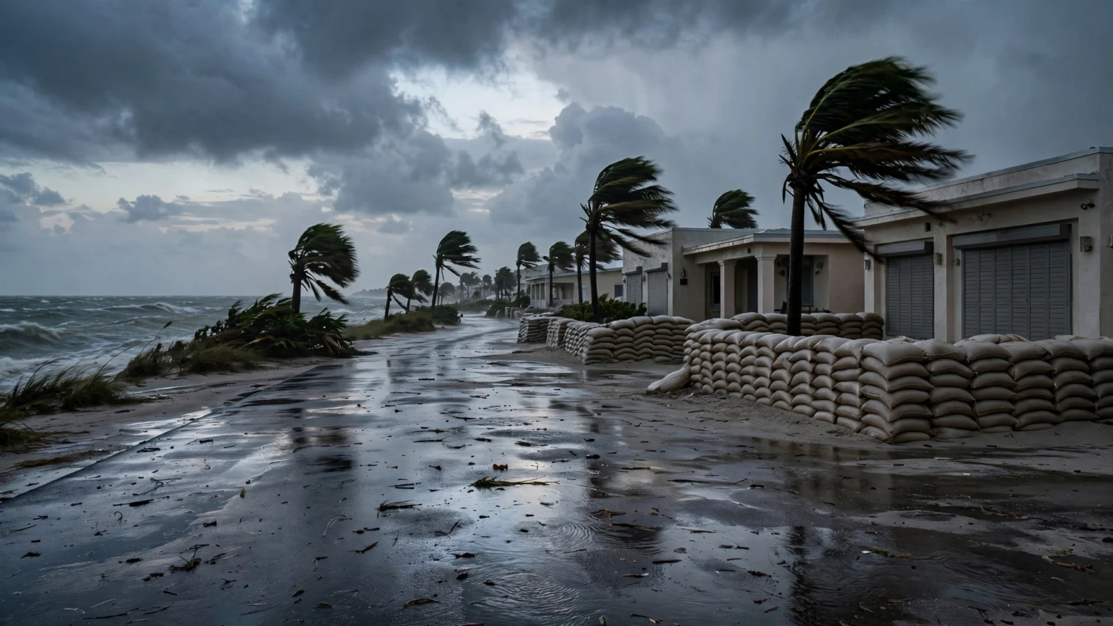A wet Gulf Coast road lined with sandbags in front of shuttered beachfront homes, palm trees bending in strong wind under dark storm clouds as rough surf churns nearby.