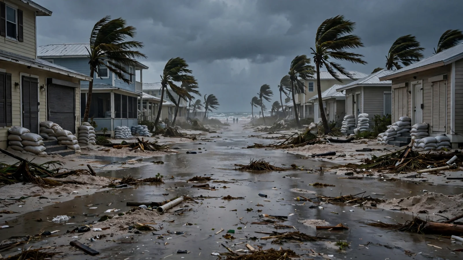 A flooded Gulf Coast street lined with sandbagged beachfront homes, palm trees bending in strong wind under dark storm clouds with rough surf in the distance.
