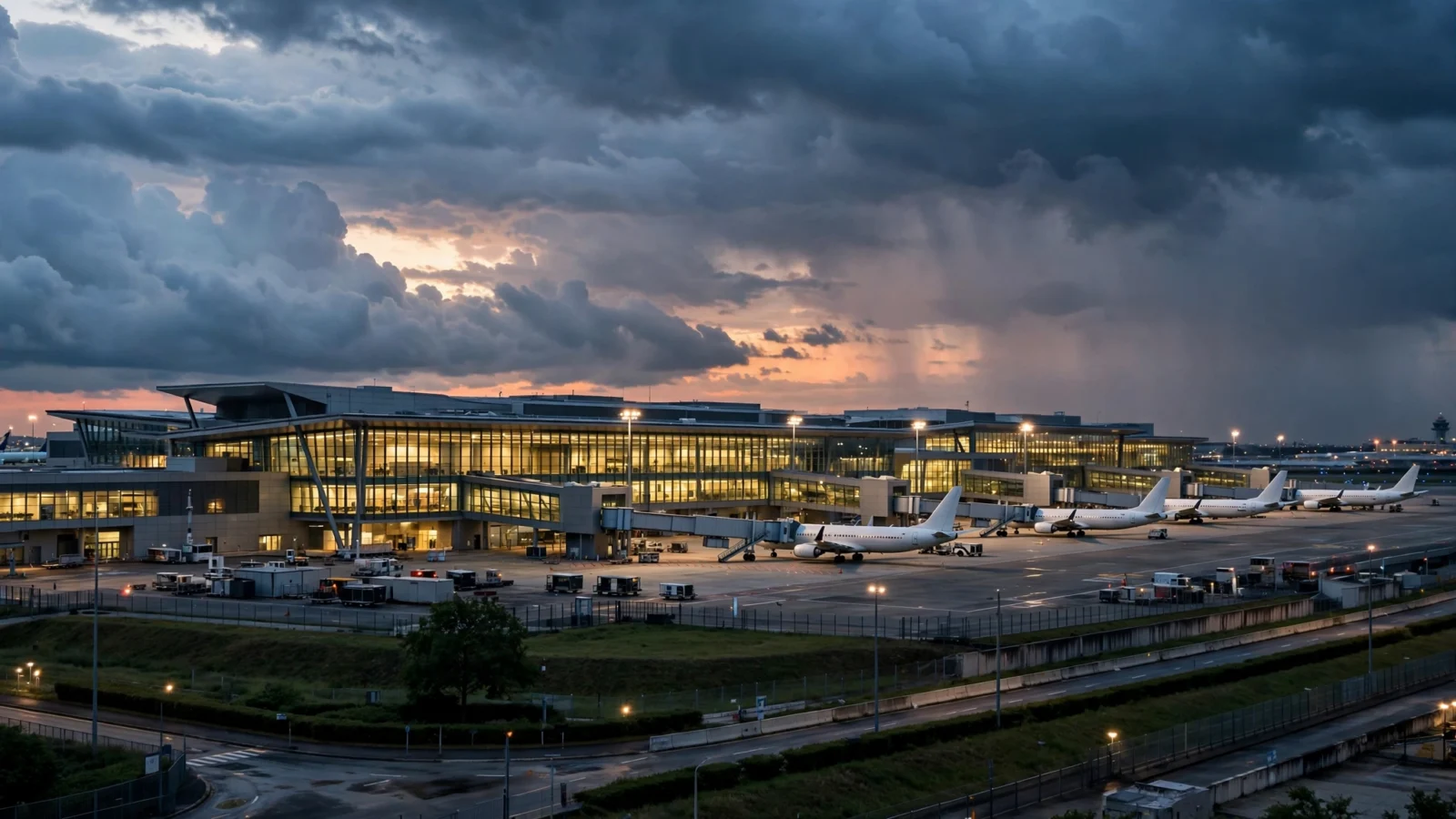 A modern international airport passenger terminal with an illuminated glass facade at dusk, airplanes parked at gates under a dramatic cloudy sky.