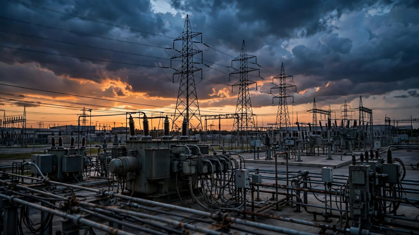 High-voltage transmission towers and an electrical power substation silhouetted against a dramatic dusk sky with orange and blue clouds.