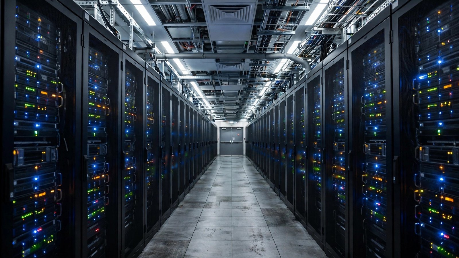 A long corridor between rows of server racks with small blue, green and orange indicator lights