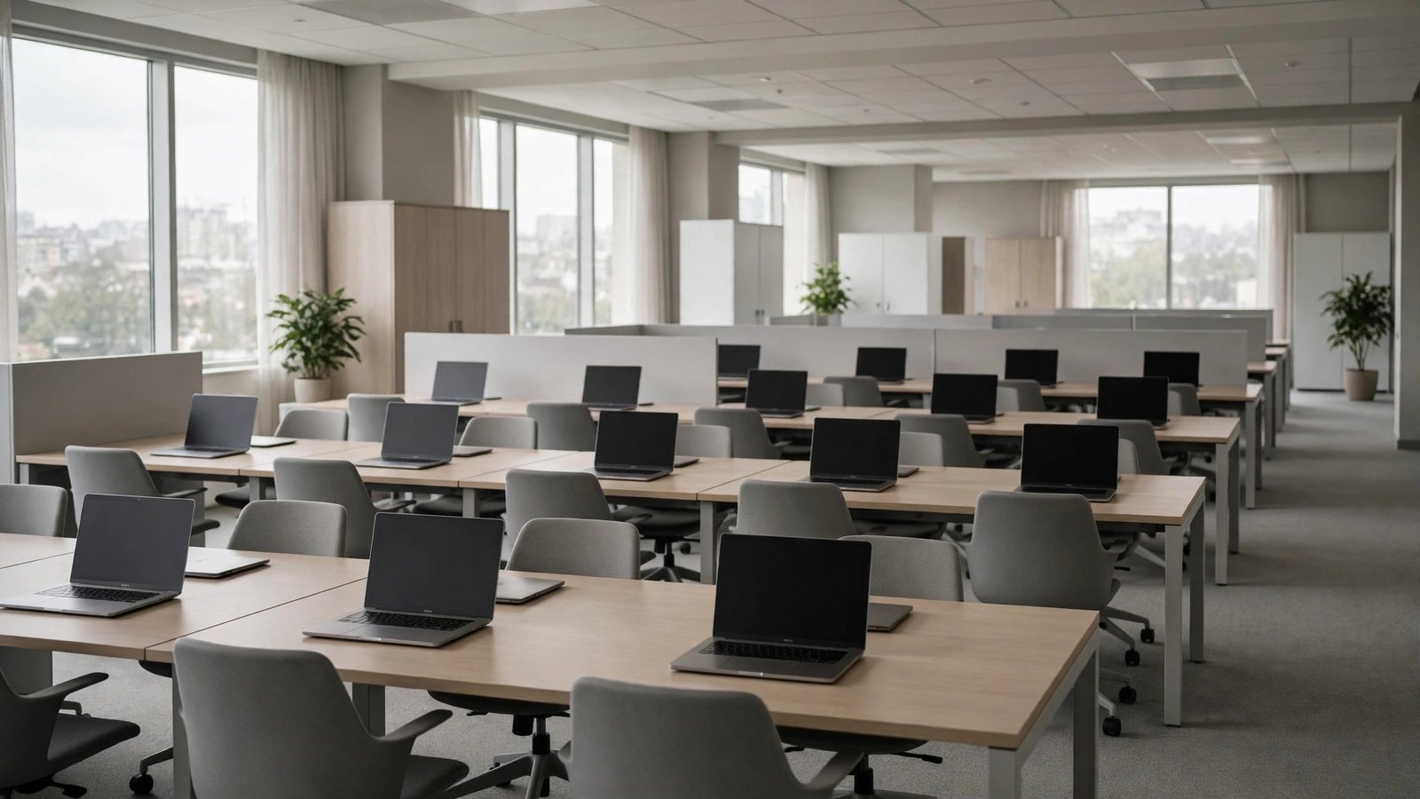 Rows of empty desks with laptops and gray chairs in a bright open-plan office