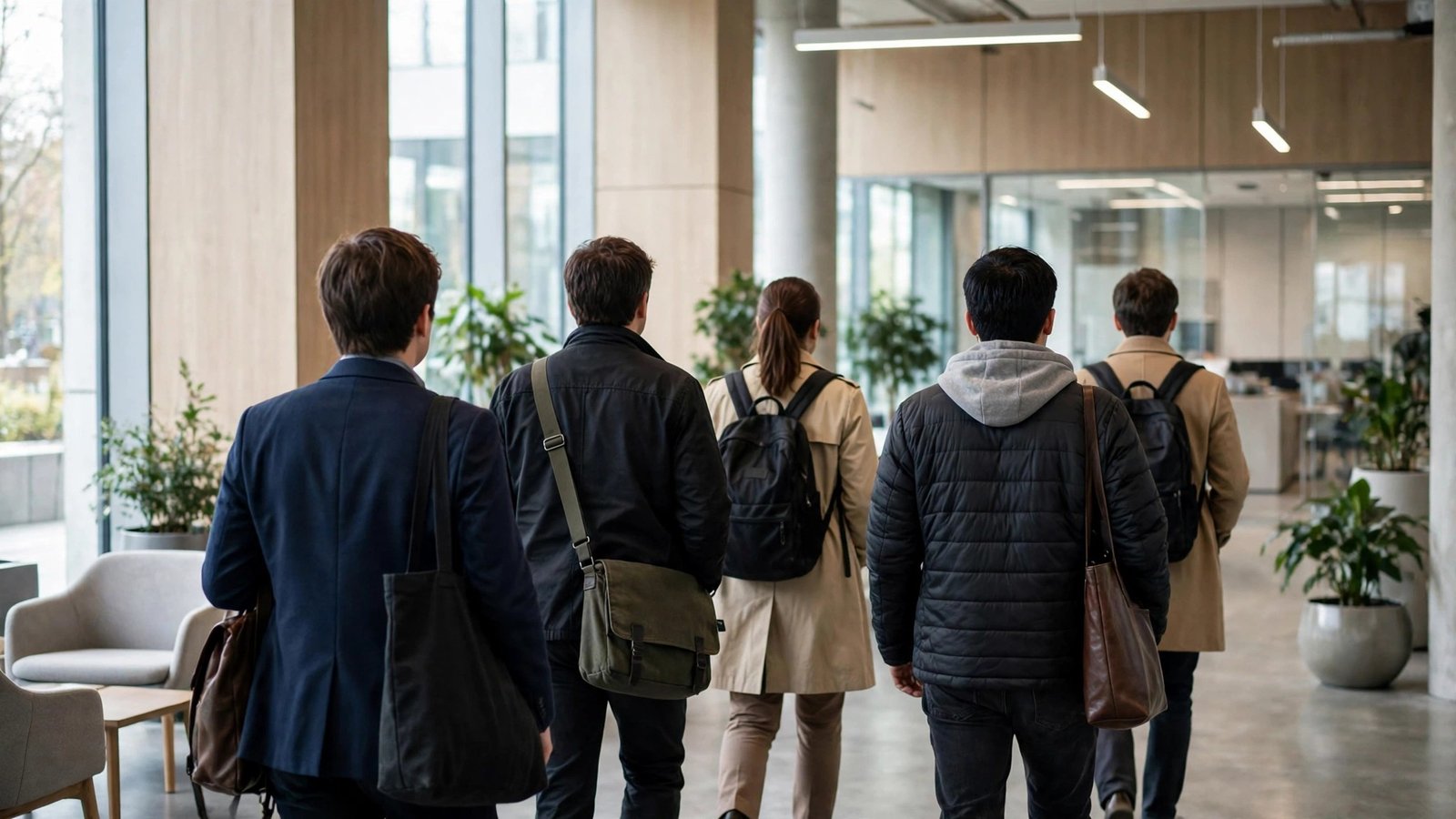 Five people seen from behind, carrying bags, walking through a bright modern office lobby