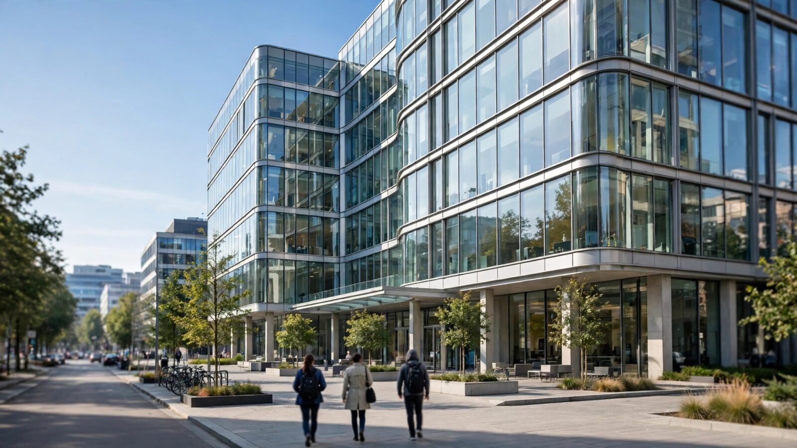 A modern glass office building with three people walking toward its entrance on a paved plaza, seen from behind