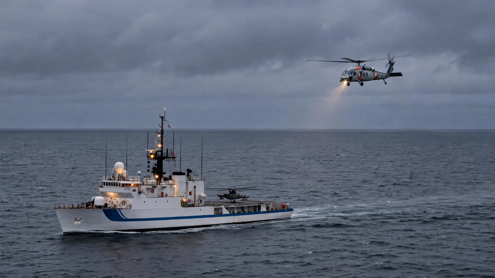 A Coast Guard cutter and search helicopter scan gray Atlantic water off Nantucket at dusk