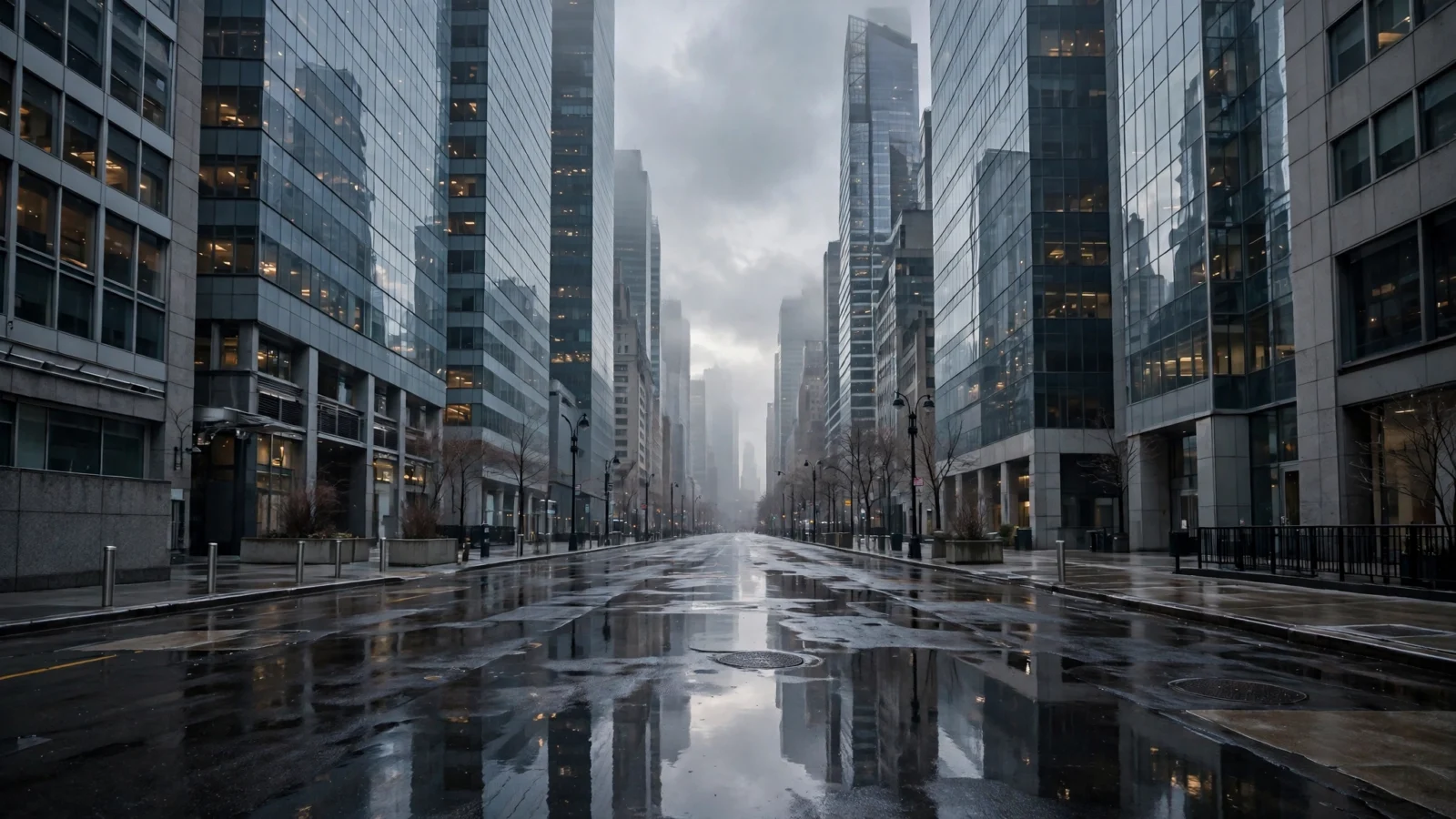 Skyscrapers in a financial district rising over an empty wet street under an overcast sky
