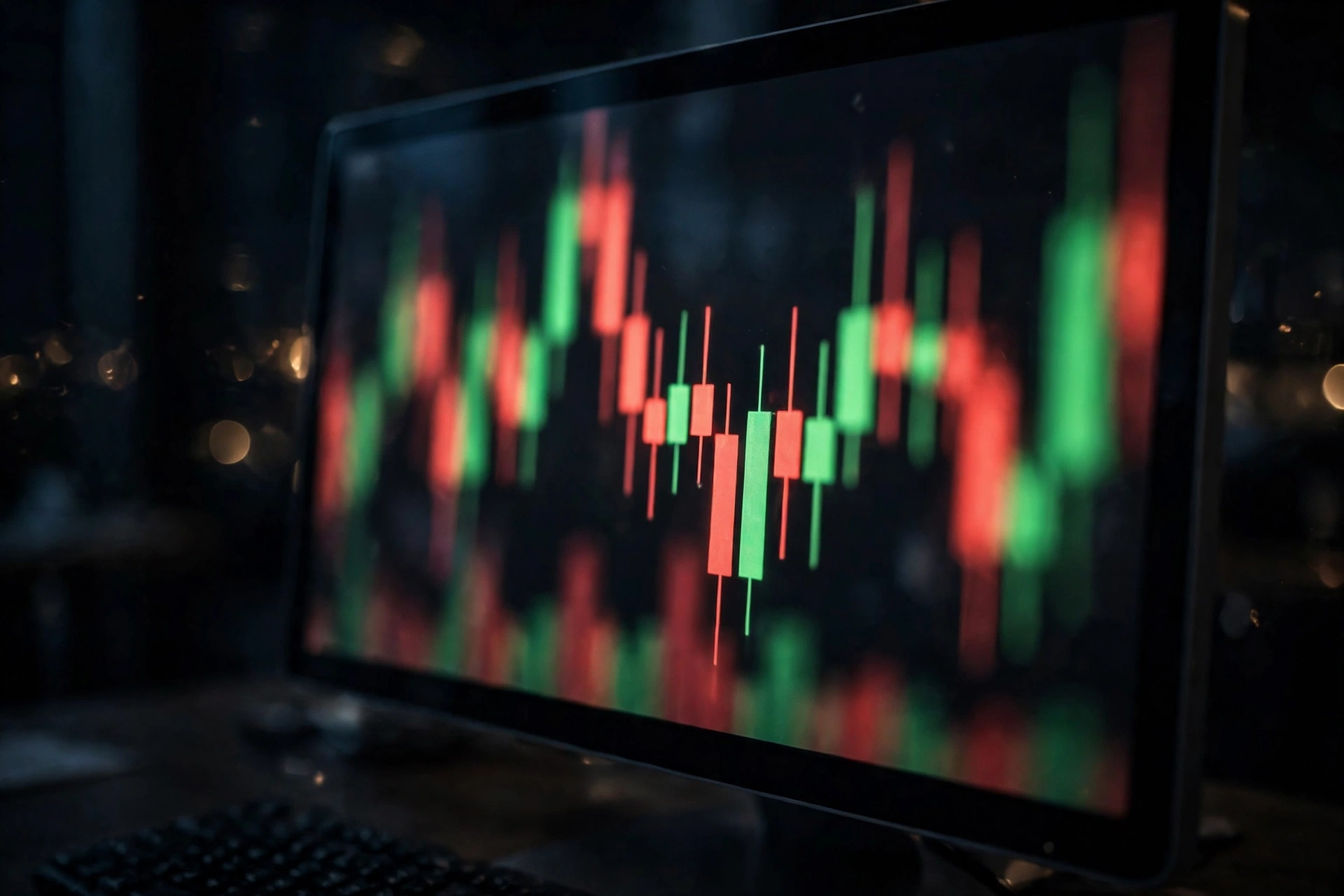 A computer monitor glowing in a dark office showing blurred red and green candlestick stock charts