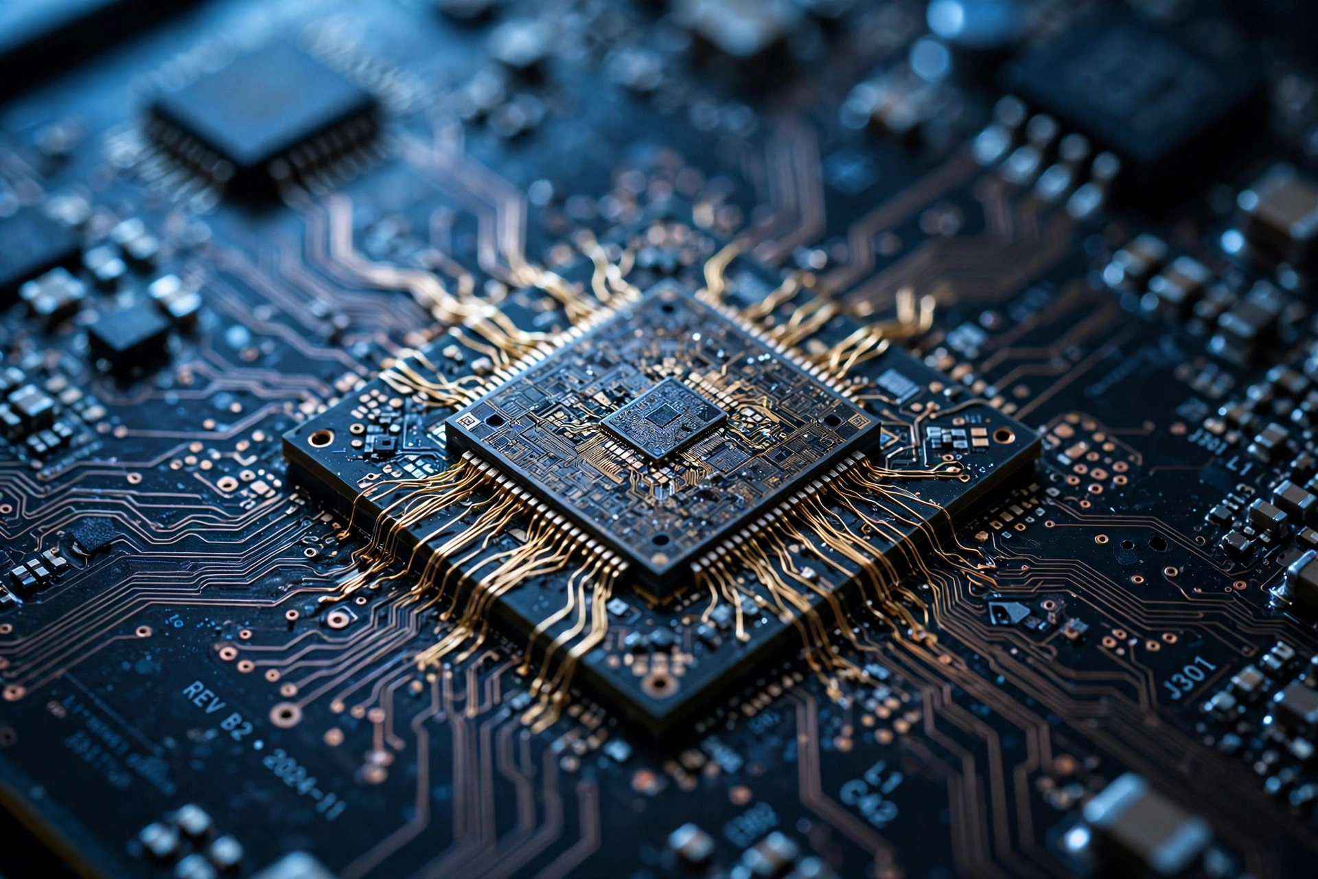 A semiconductor microchip on a dark circuit board under cool blue lighting