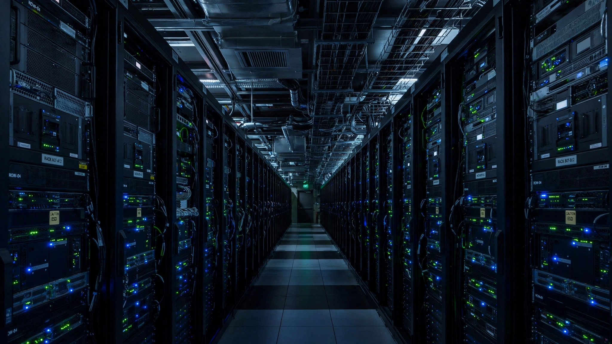A dark data center corridor lined with server racks and small status lights