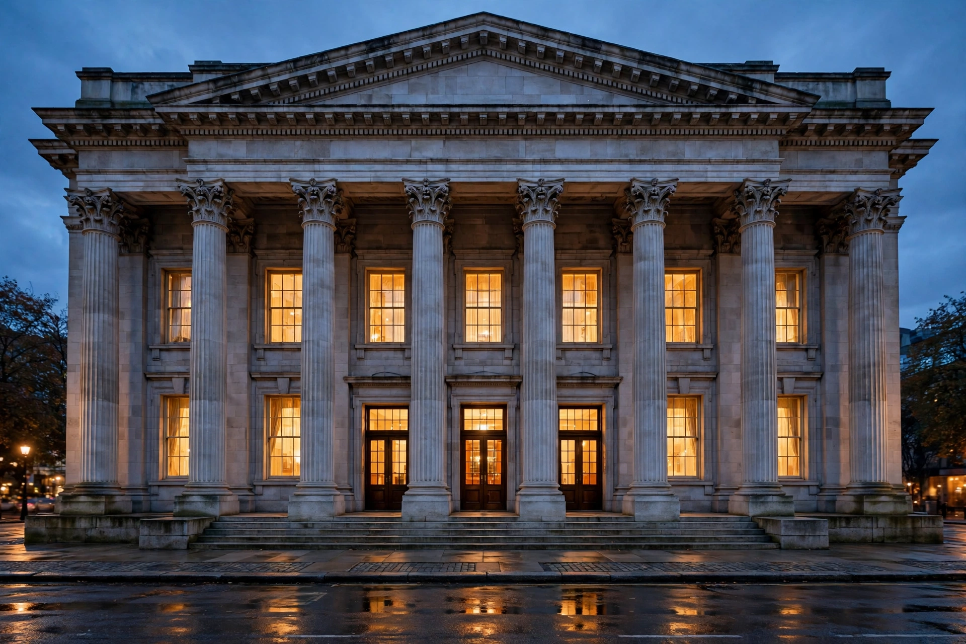 A stone bank building facade with tall columns photographed at dusk