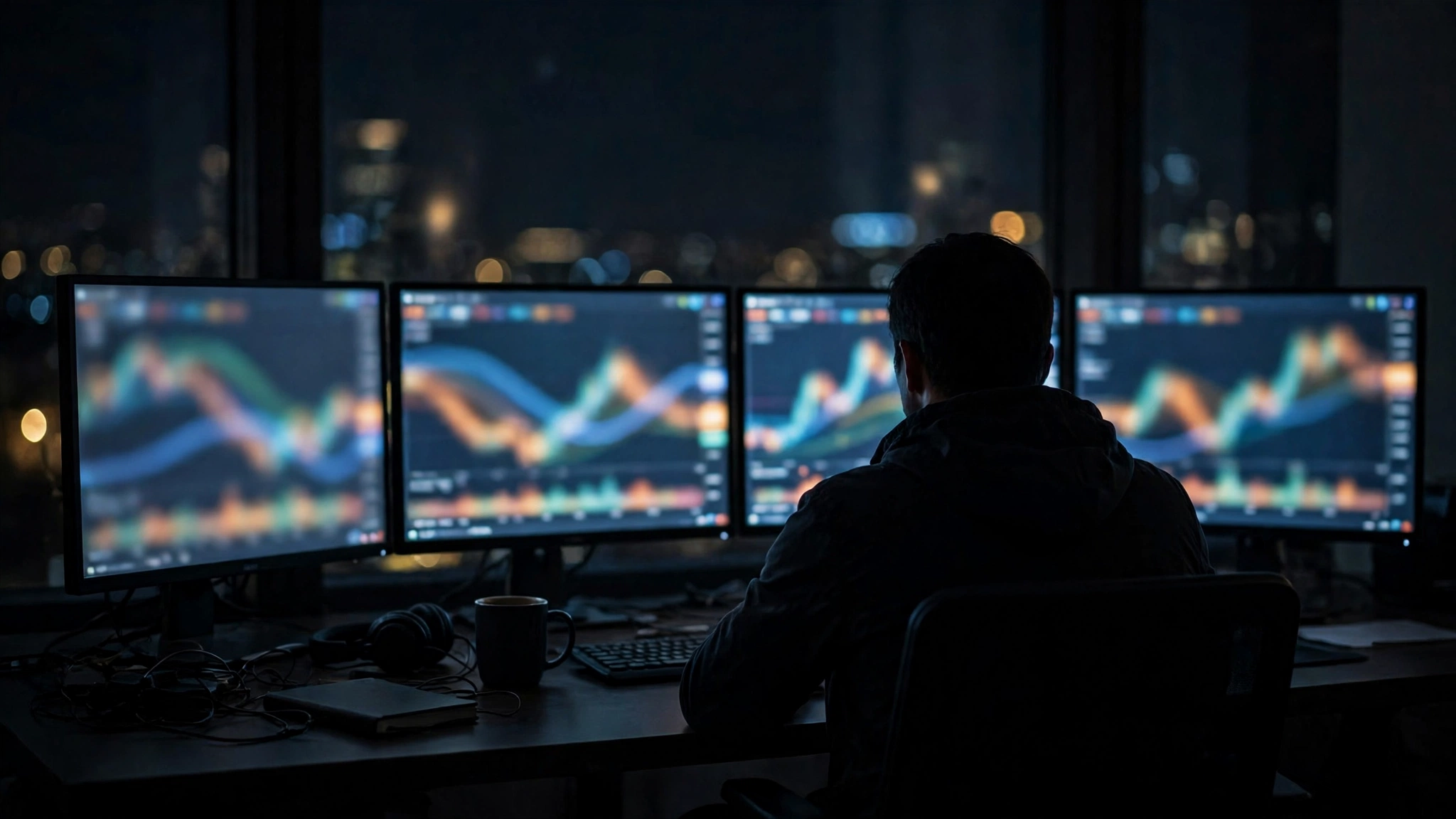 A silhouetted person at a trading desk with glowing monitors showing blurred market charts
