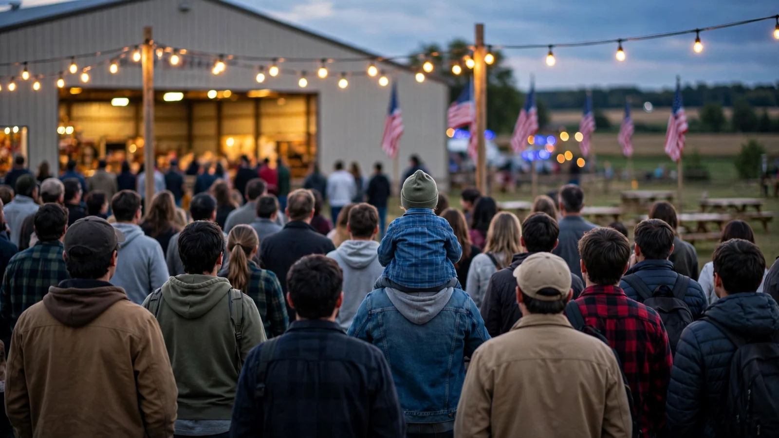 People seen from behind outside a fairground building at dusk, with American flags in the background