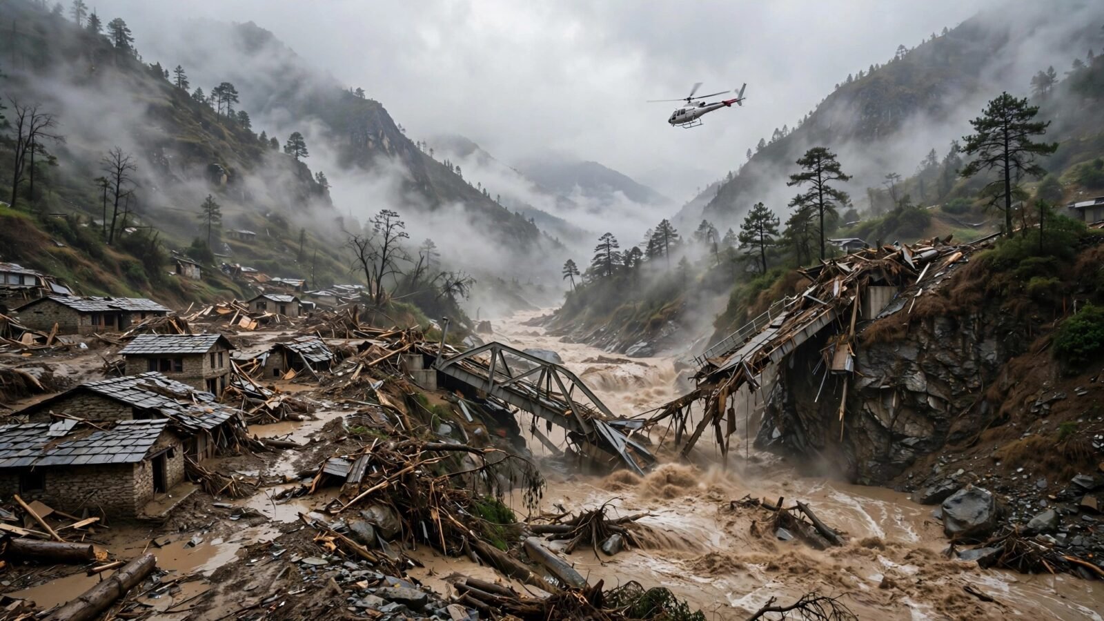 A collapsed bridge over a muddy, debris-filled mountain river in a Himalayan valley, with damaged houses and a rescue helicopter under a grey sky