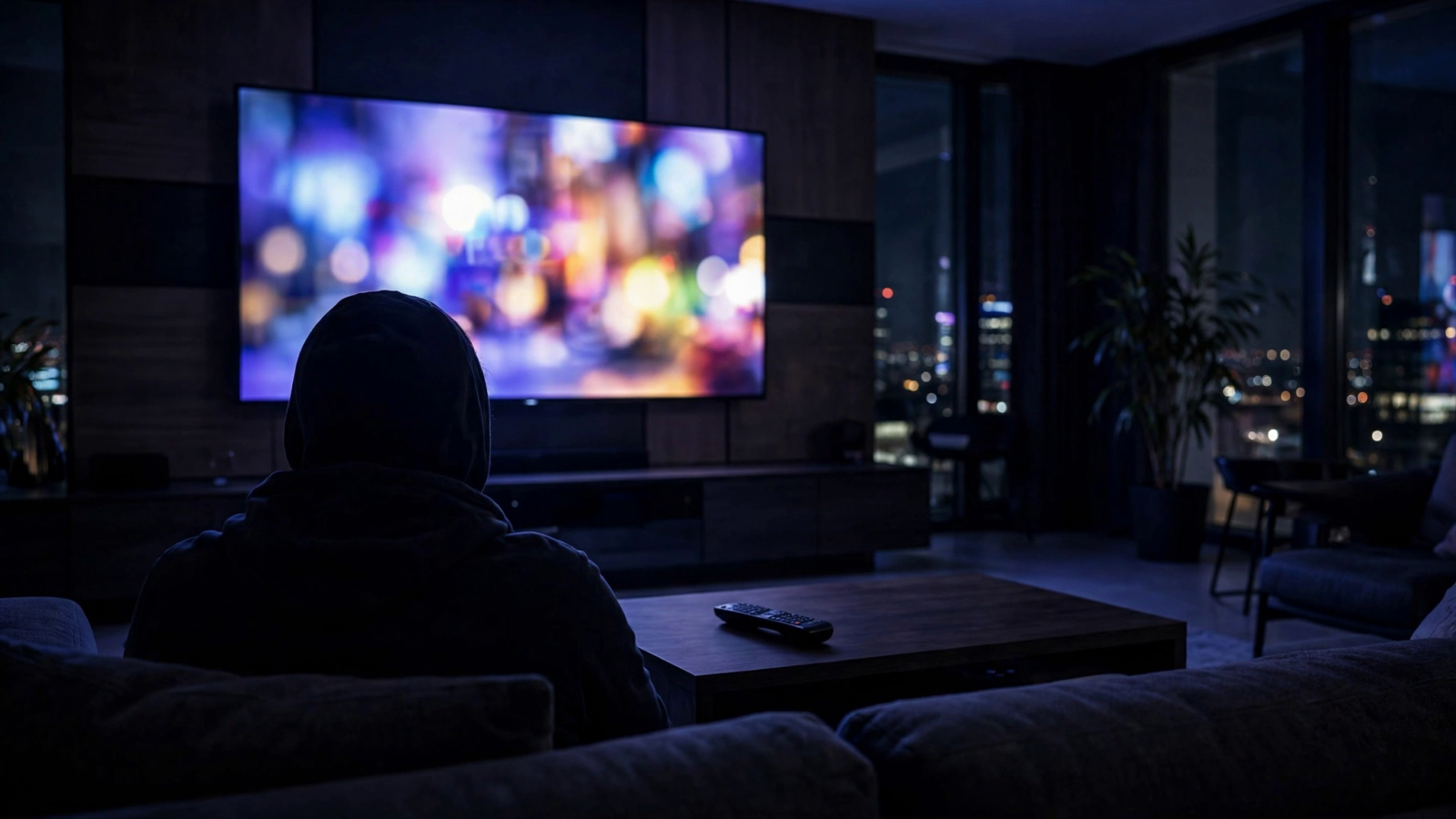 An anonymous viewer watching a glowing television in a dark living room.