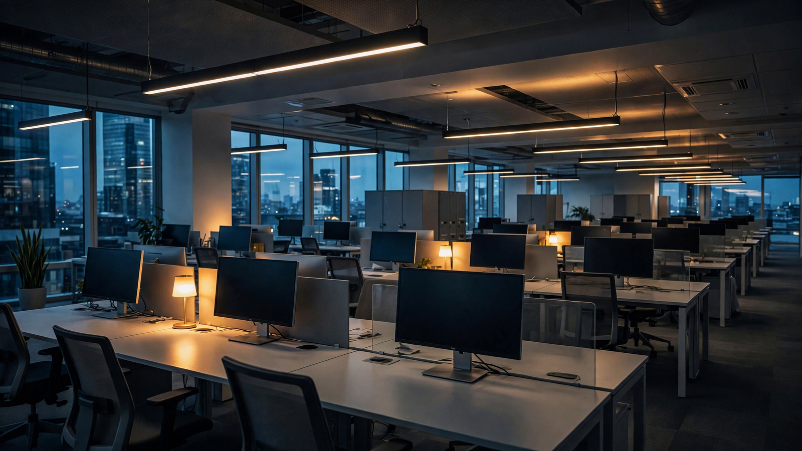 Rows of empty desks in a tech company office at dusk.