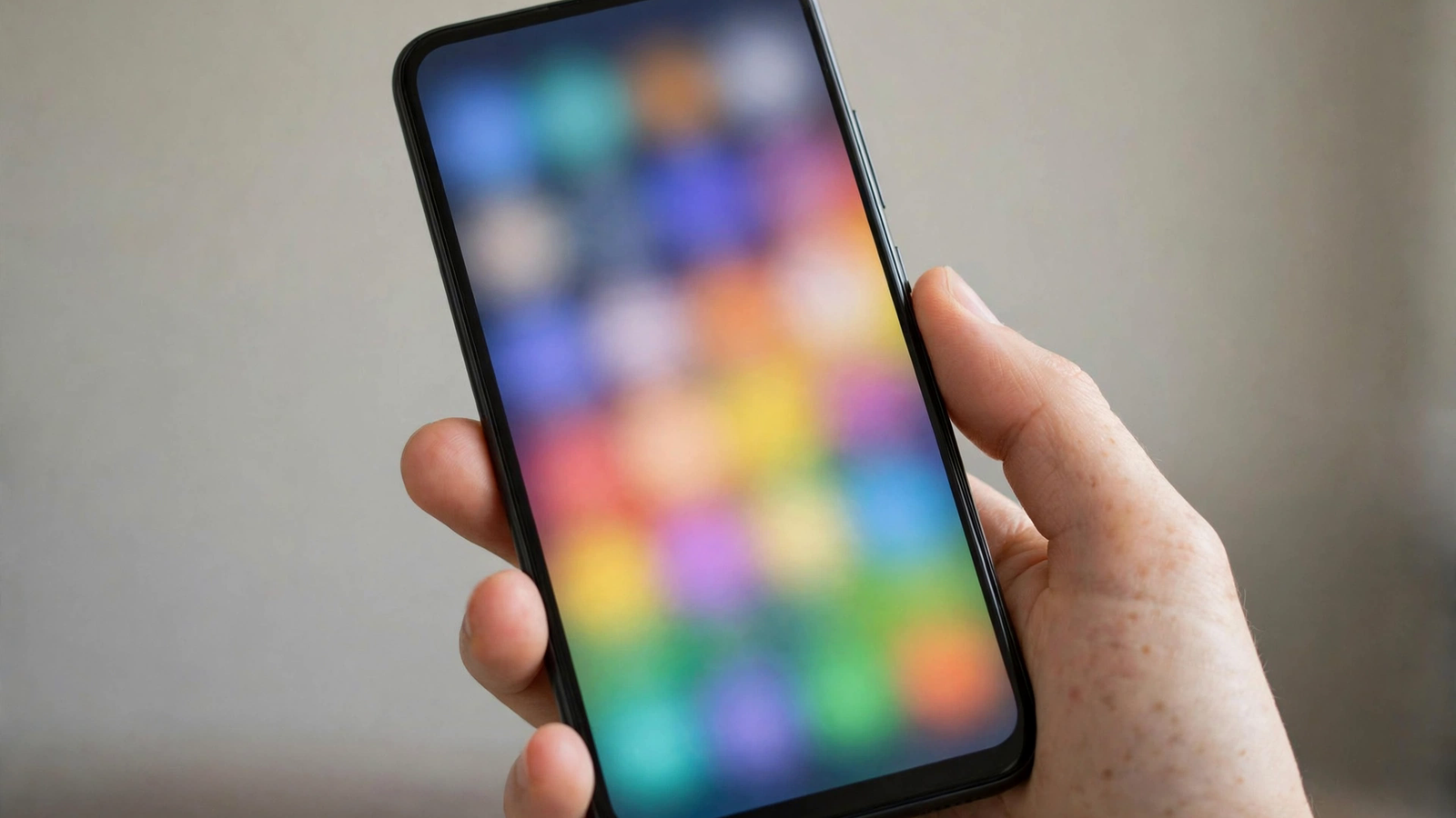 An anonymous hand holding a smartphone with blurred, unidentifiable app icons.