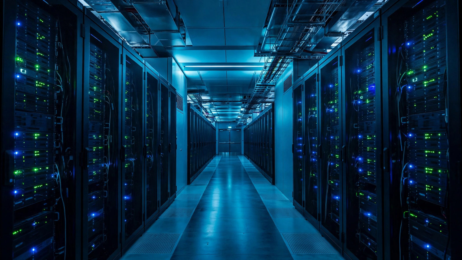 Rows of server racks with glowing indicator lights in a data center corridor.